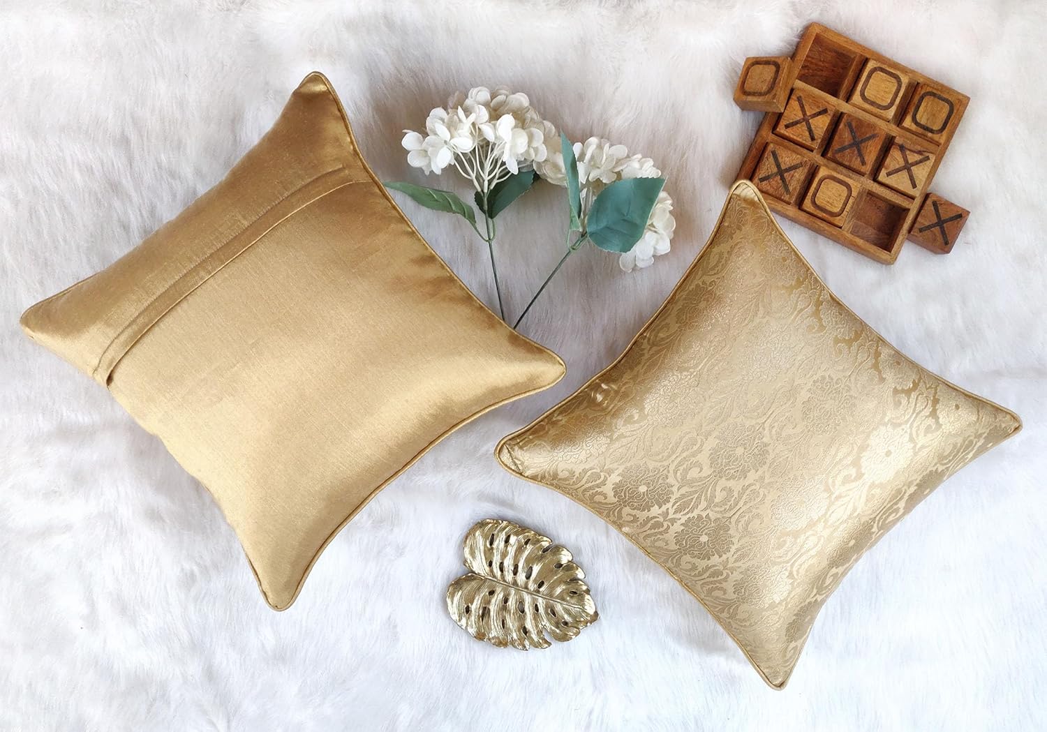 AVKA Studio Throw Pillow Covers - Pack of 2 Floral Brocade Decorative Pillows - Beige & Gold 16X16 - Indian Jacquard Cushion Cover - Cover Only