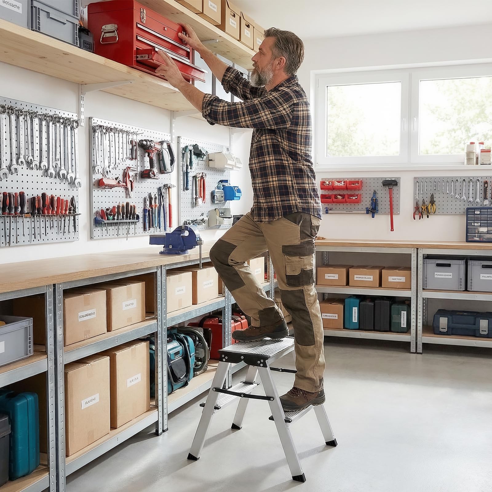 Sekey Escabeau 2 Marches Pliable en Aluminium, Marchepied Escamotable à Double accès, Marches Antidérapantes, Usage Domestique & Maison, Certifié TÜV SGS EN131 EN14183, Charge Jusqu’à 150 kg