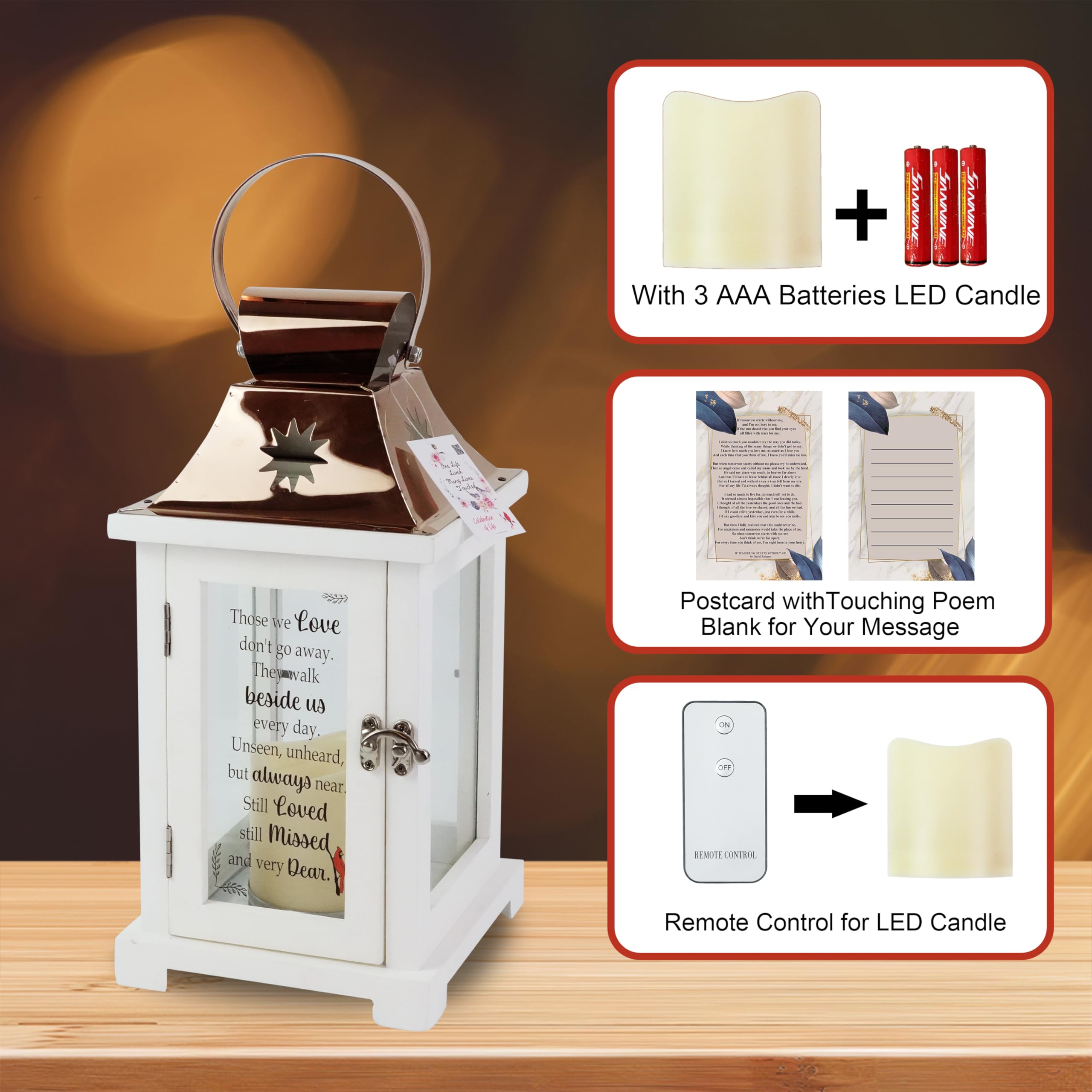 WOODEXPE Lanterne Commémorative Avec Bougie LED Et Télécommande – Cadeau De Condoléances – Blanc