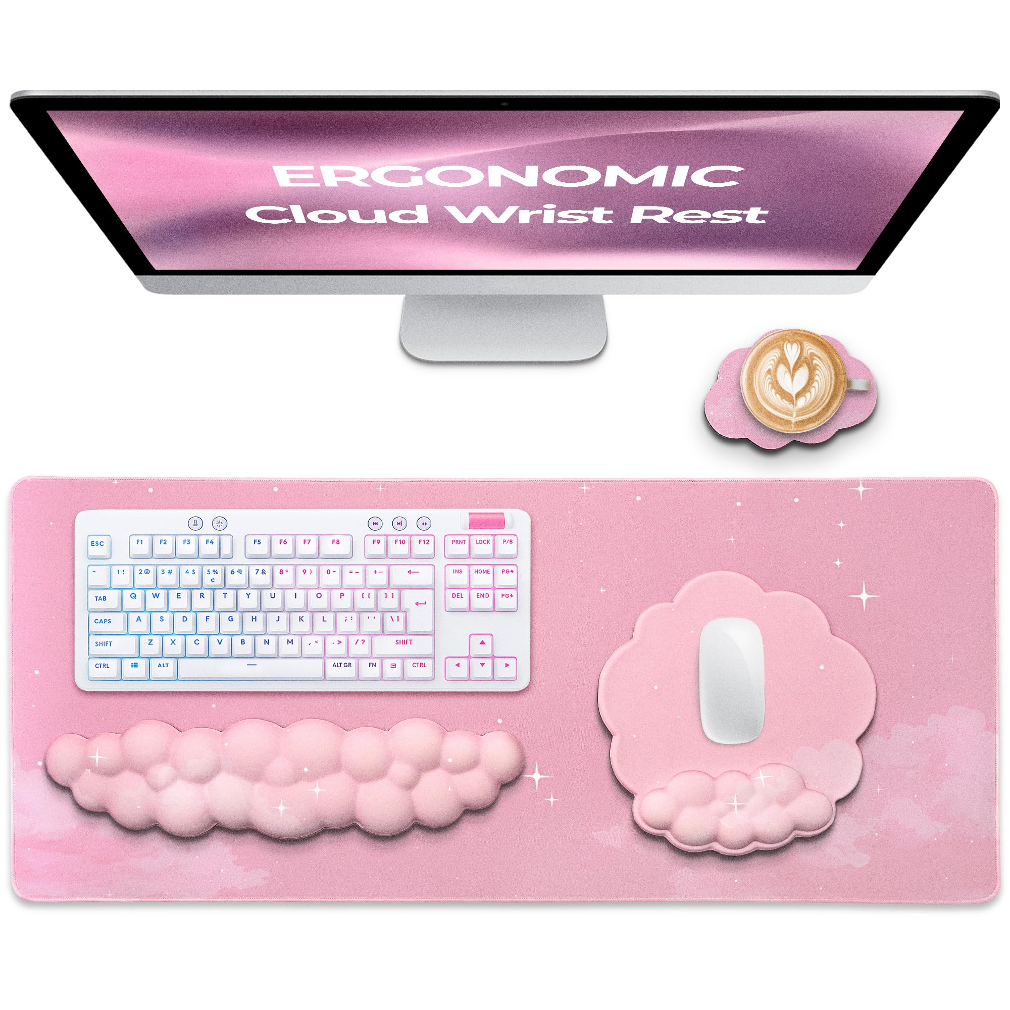 TheTrulyCharter Premium Quality Cloud Wrist Rest Keyboard & Mouse Pad Set – Ergonomic Memory Foam Desk Accessories with Wrist Support for Office & Gaming – Pink