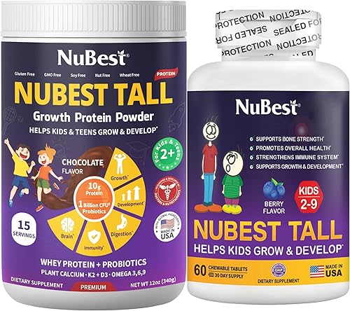 NuBest El paquete alto para niños con fuerza ósea incluye 1 botella de proteína de chocolate en polvo para niños con probióticos, Omega 3-6-9,