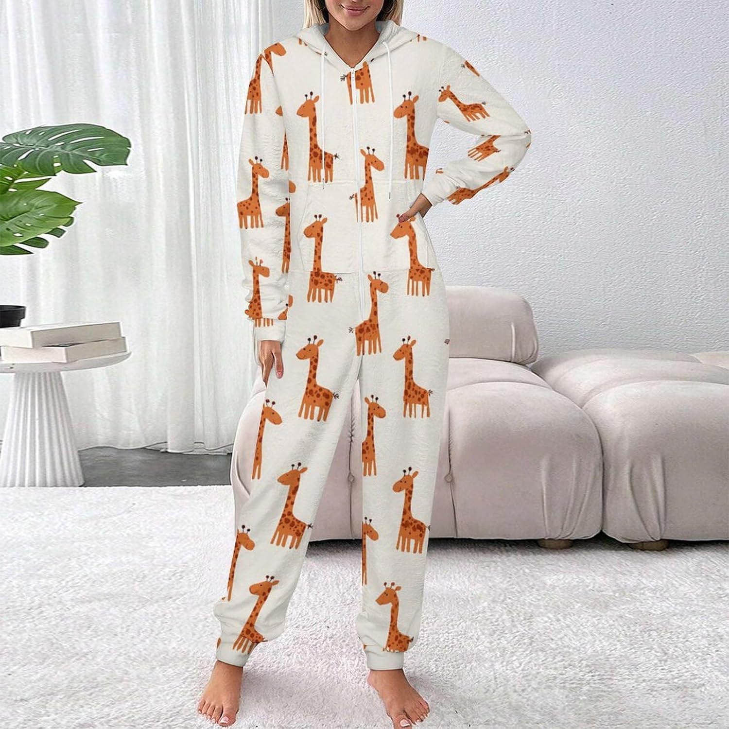 Adult Flannel Hoodie One Pieces Pjs Sets Cartoon Giraffe One-Piece Pajama for Women & Men Soft Warm