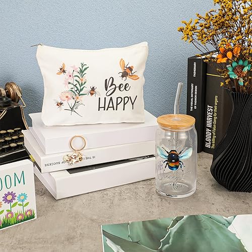 Miniatura 4 de Hushee Juego de 3 regalos de abejas para mujer, regalos temáticos de abejas que incluyen vasos de vidrio de abeja con tapa, popote y bolsa de
