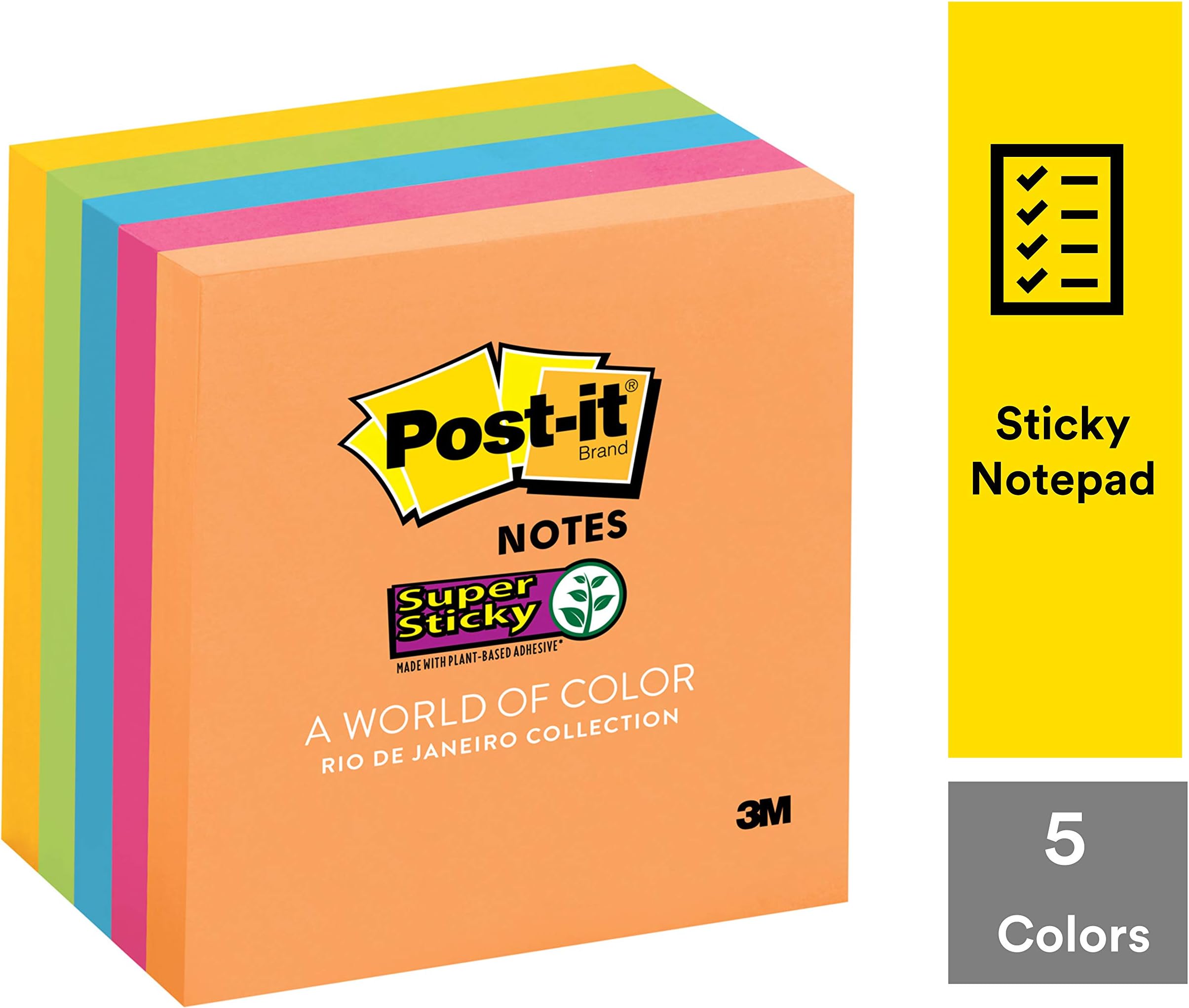 Post-it Super Sticky Notes, 2X Sticking Power, 3 in x 3 in, 5 Pads/Pack, 90 Sheets/Pad (neon Colour)