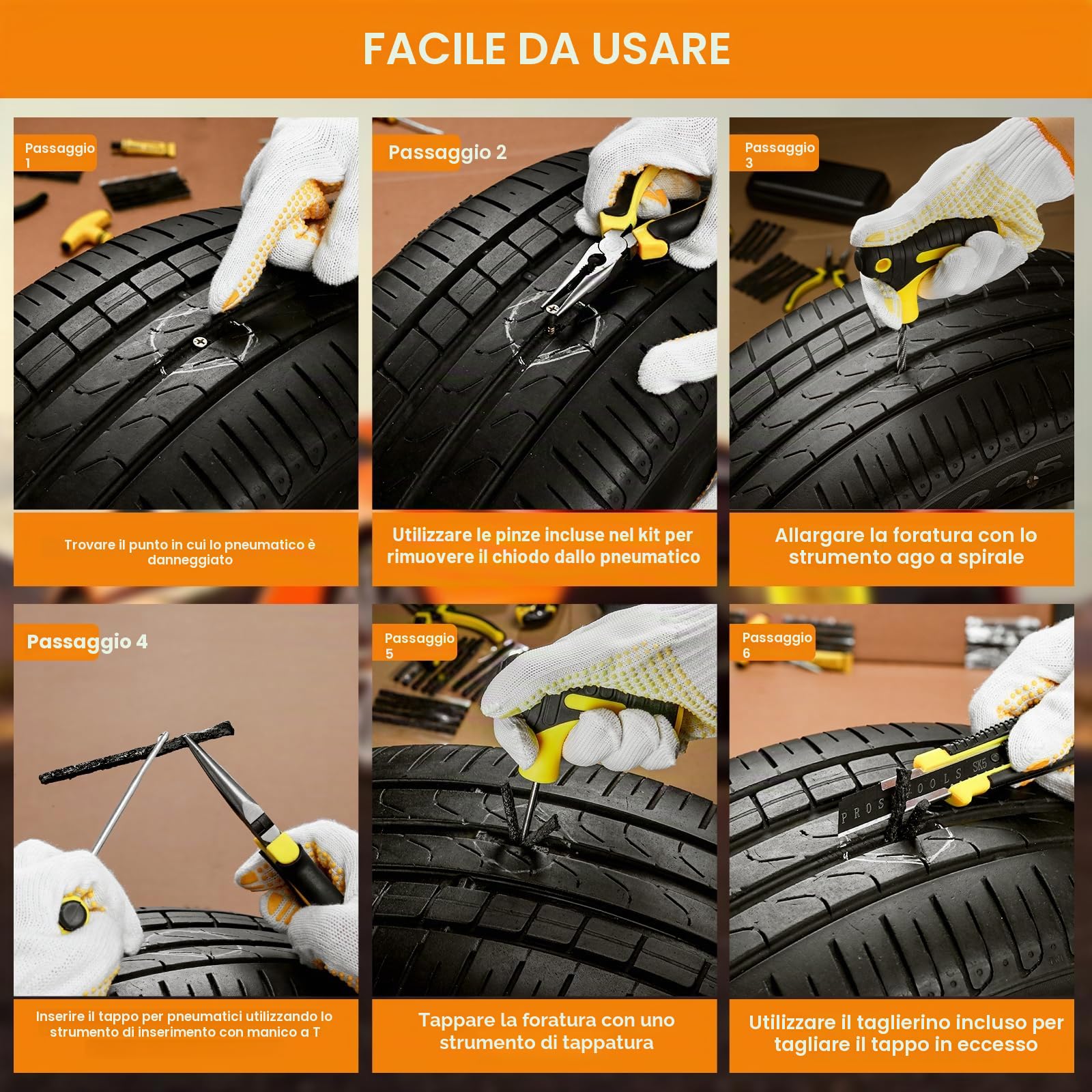 Kit di riparazione per pneumatici sgonfi - 27 pezzi - Kit di tappi per foratura e toppe con custodia, kit di toppe per pneumatici portatile con sigillante, ideale per auto, camion, moto, bici