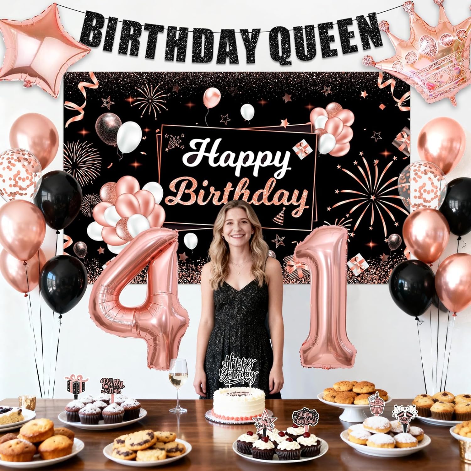 41st Birthday Decorations for Women Girls, Rose Gold 41 Birthday Party Packs (55pcs), Number 41 Balloons Fiol, Hanging Swirl Flags, Backdrop for Women Girls 41st Birthday