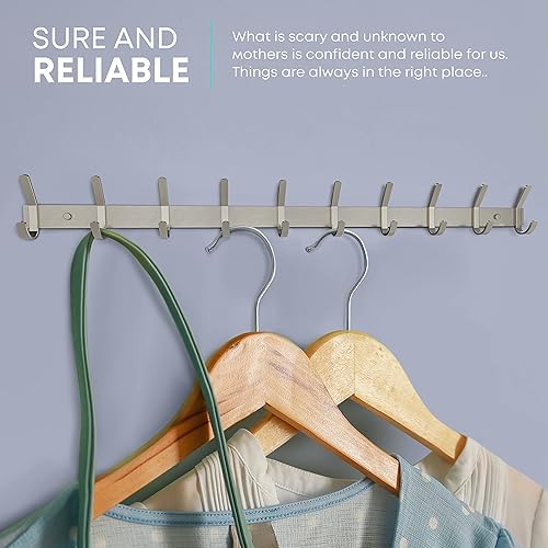 Miniatura 3 de Perchero de pared de níquel cepillado con 10 ganchos dobles para colgar, ganchos rústicos de acero inoxidable SUS304 de 30 pulgadas, ganchos de