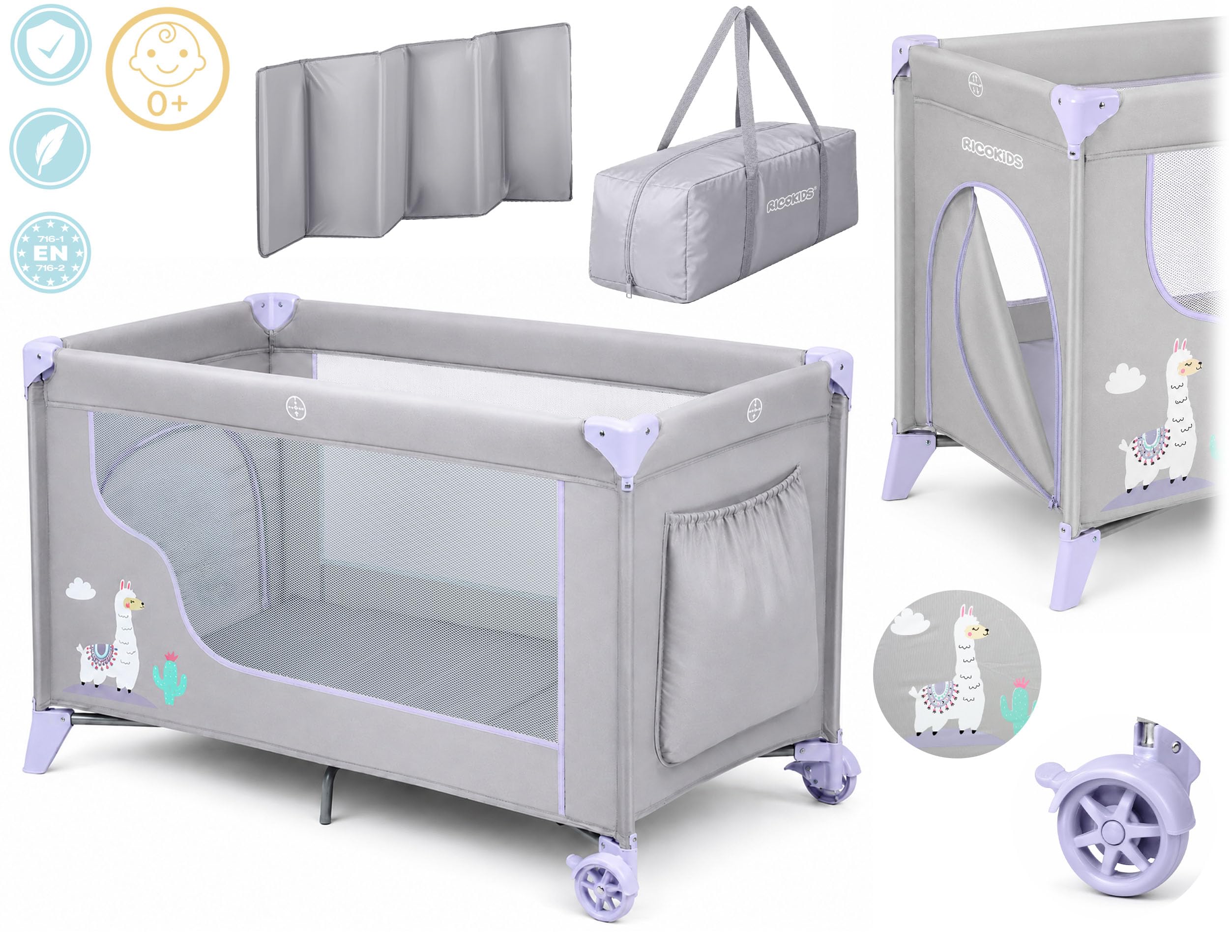 Ricokids Łóżeczko turystyczne dla niemowląt z materacem 123,5 x 64 x 76 cm do 15 kg 2 koła z hamulcami jasnoszary lawendowy