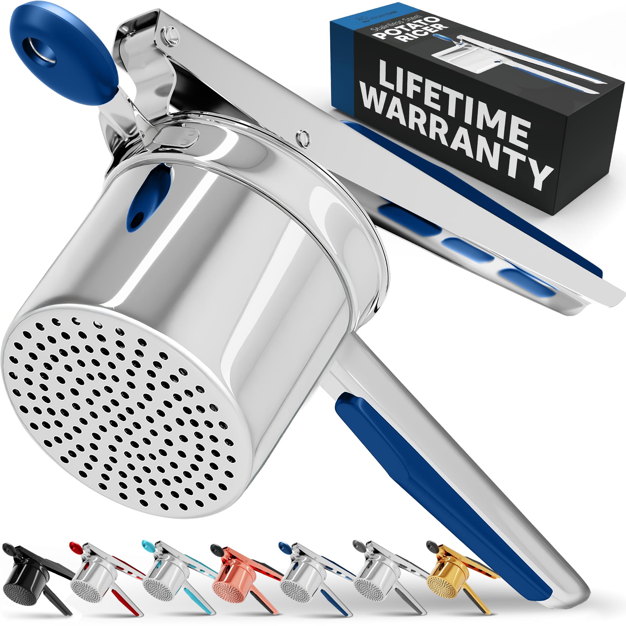 PriorityChef Large 15oz Potato Ricer, Heavy Duty Stainless Steel Potato Masher and Ricer Kitchen Tool, Press and Mash Kitchen Gadget For Perfect Mashed Potatoes - Everytime, Blue