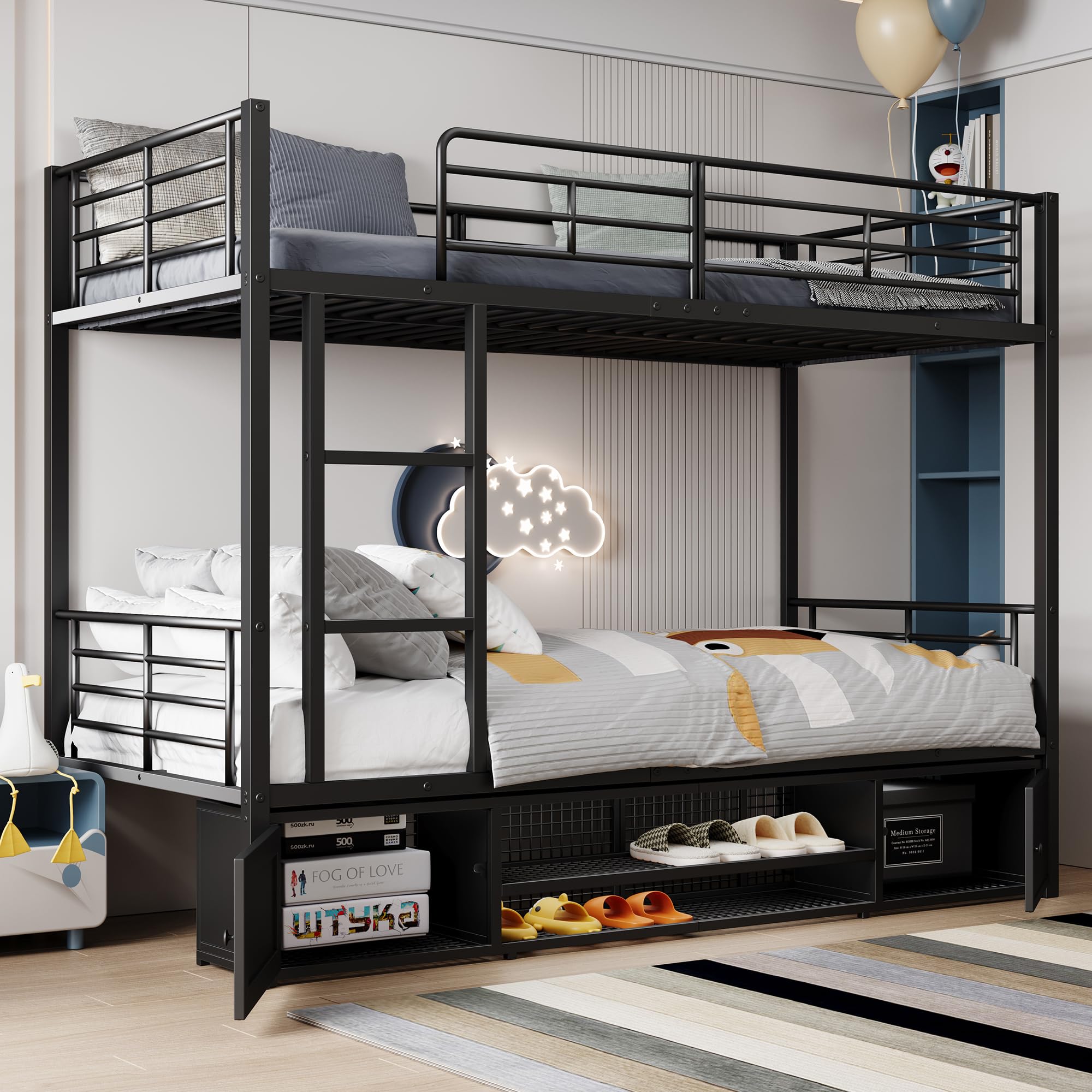 Lubvtti Litera con estructura de hierro 90 x 200 cm, zapatero abierto y pequeño armario de dos puertas, con escalera lateral y red de protección, negro (colchón no incluido)