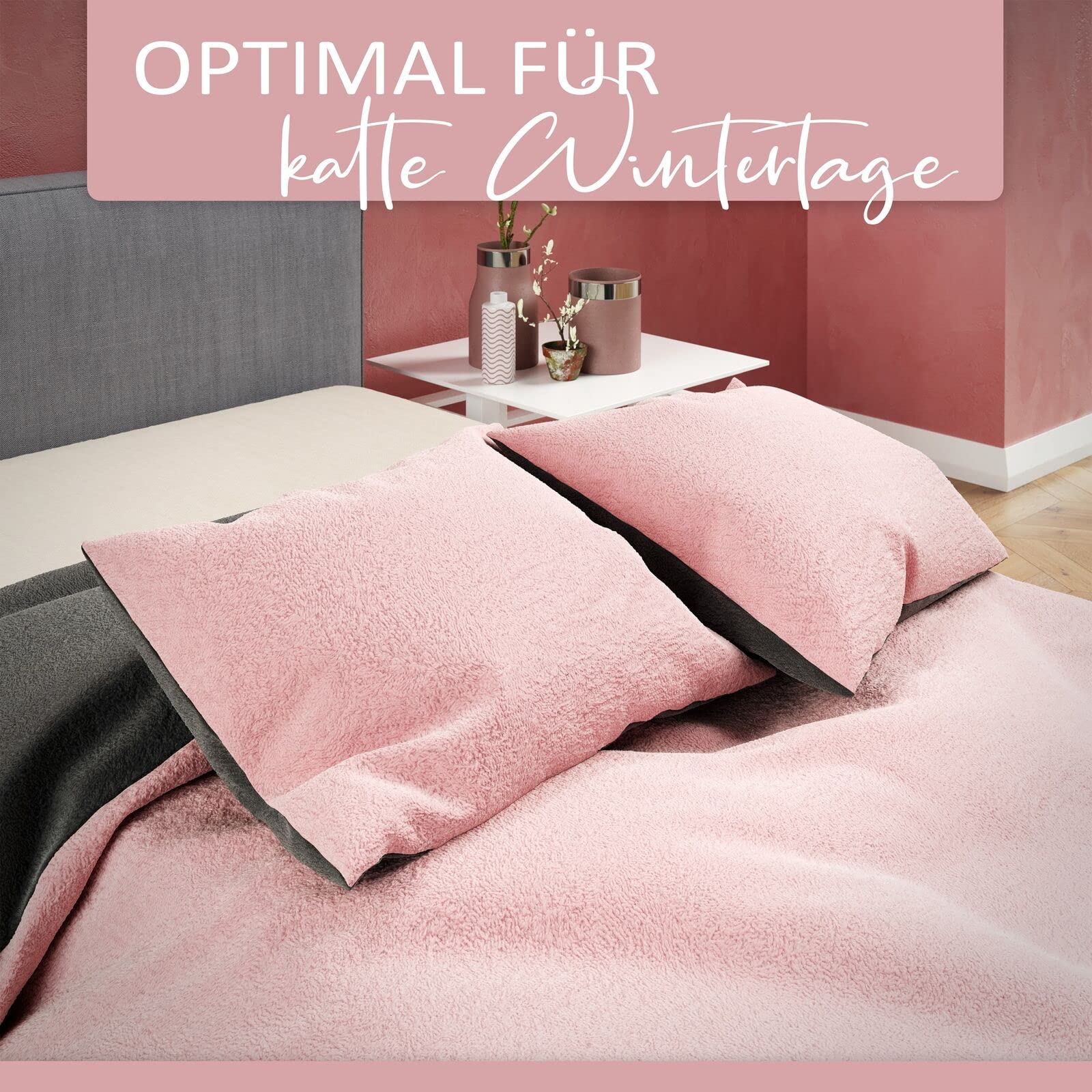 Leonado Vicenti Winter Plüsch Bettwäsche 240x220 cm Premium Cashmere Touch Warme Uni Fleece Bettwaren Bezug Anthrazit Rosa