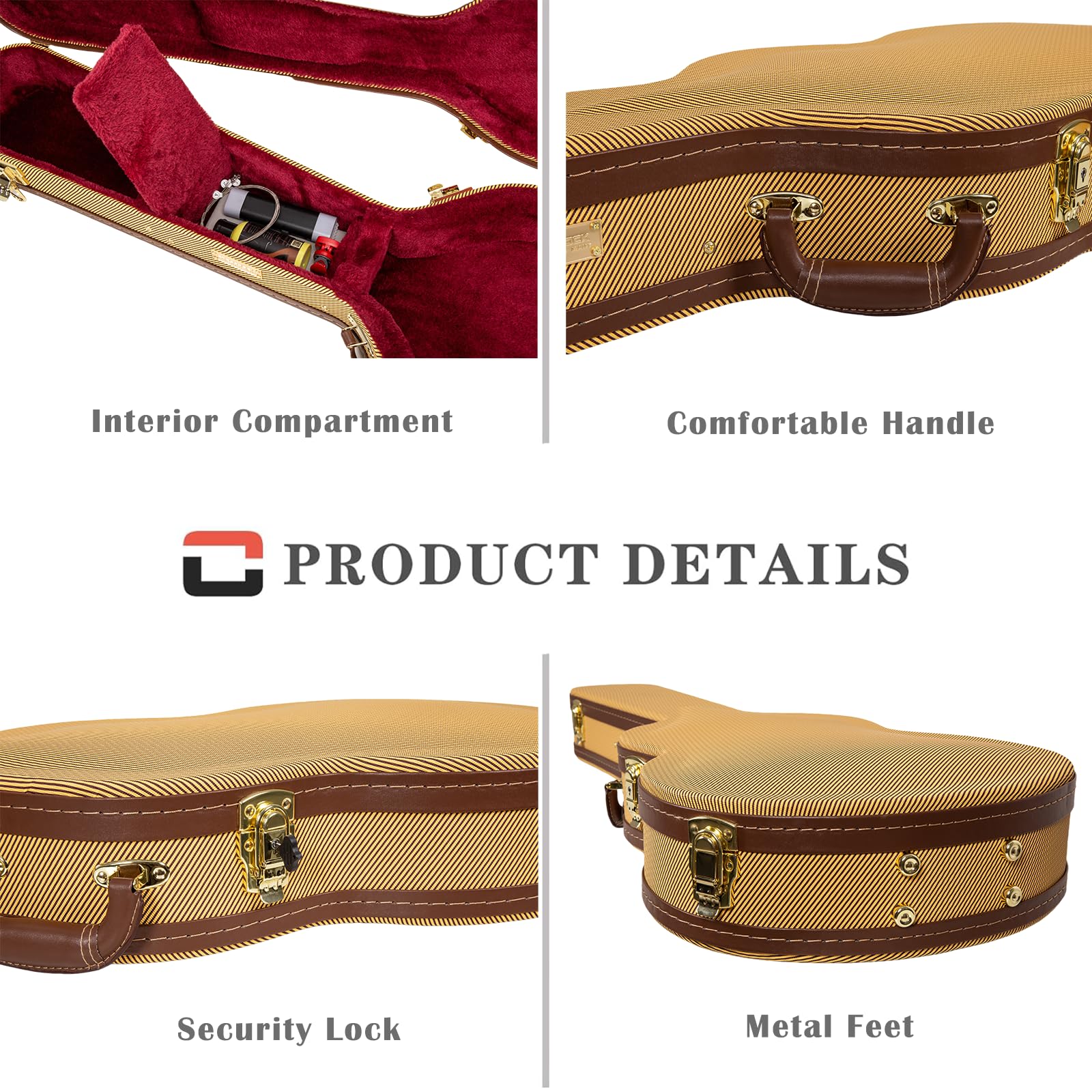 Crossrock Custodia in legno arcuata per chitarra elettrica 335 semi-hollow | Finitura vinile Tweed, serrature in acciaio, struttura imbottita – Coperchio bombato