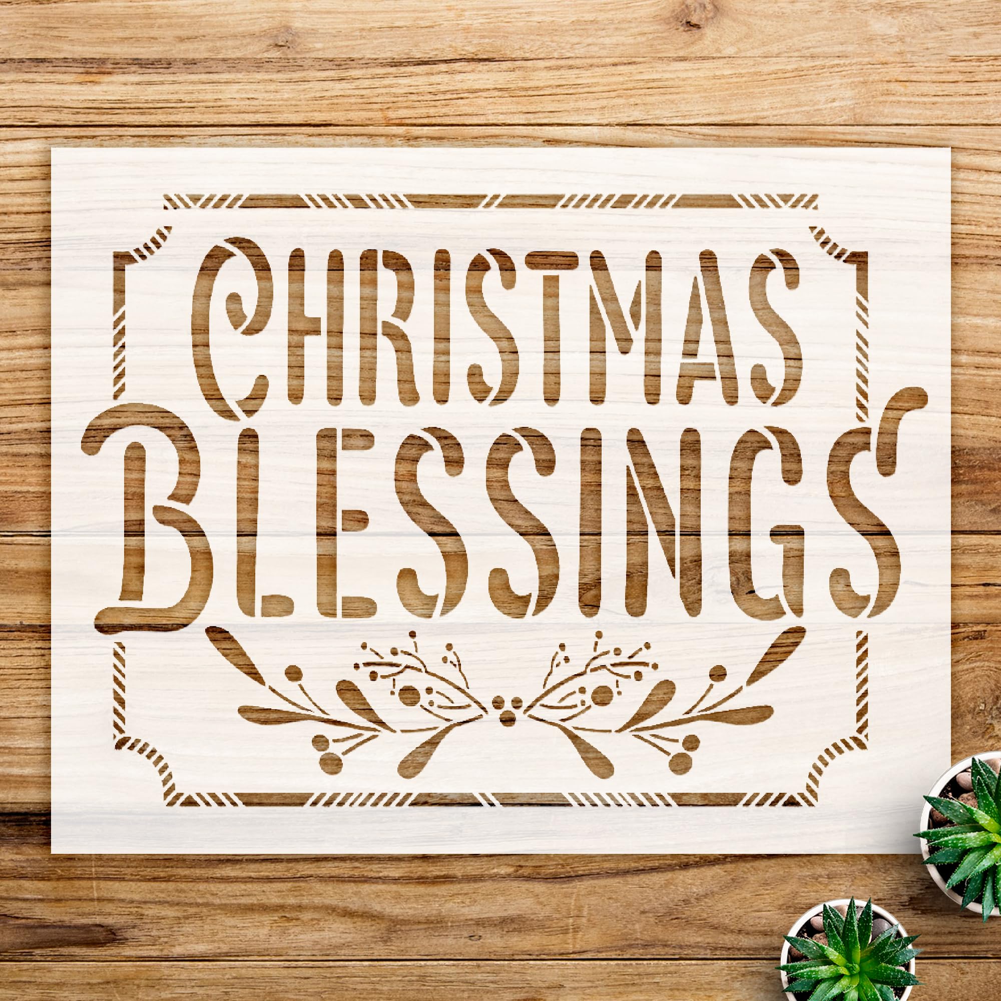Christmas blessings stencil pattern for walls and crafts, reusable mylar template, buffalo plaid design with mistletoe and holly, ideal for holiday decor and festive projects - Size A1 (33.1