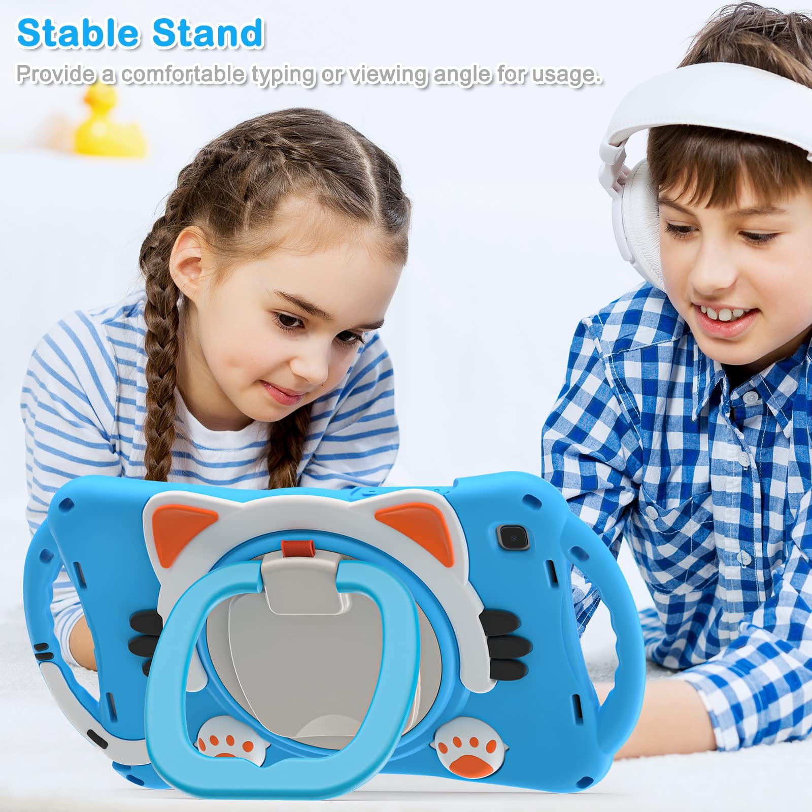 Coque Compatible avec Samsung Galaxy Tab A7 10,4" T500/T505 (2020) Chat Mignon for Enfants Housse de Protection Anti-Chocs béquille rotative + poignée + bandoulière(Light Blue)