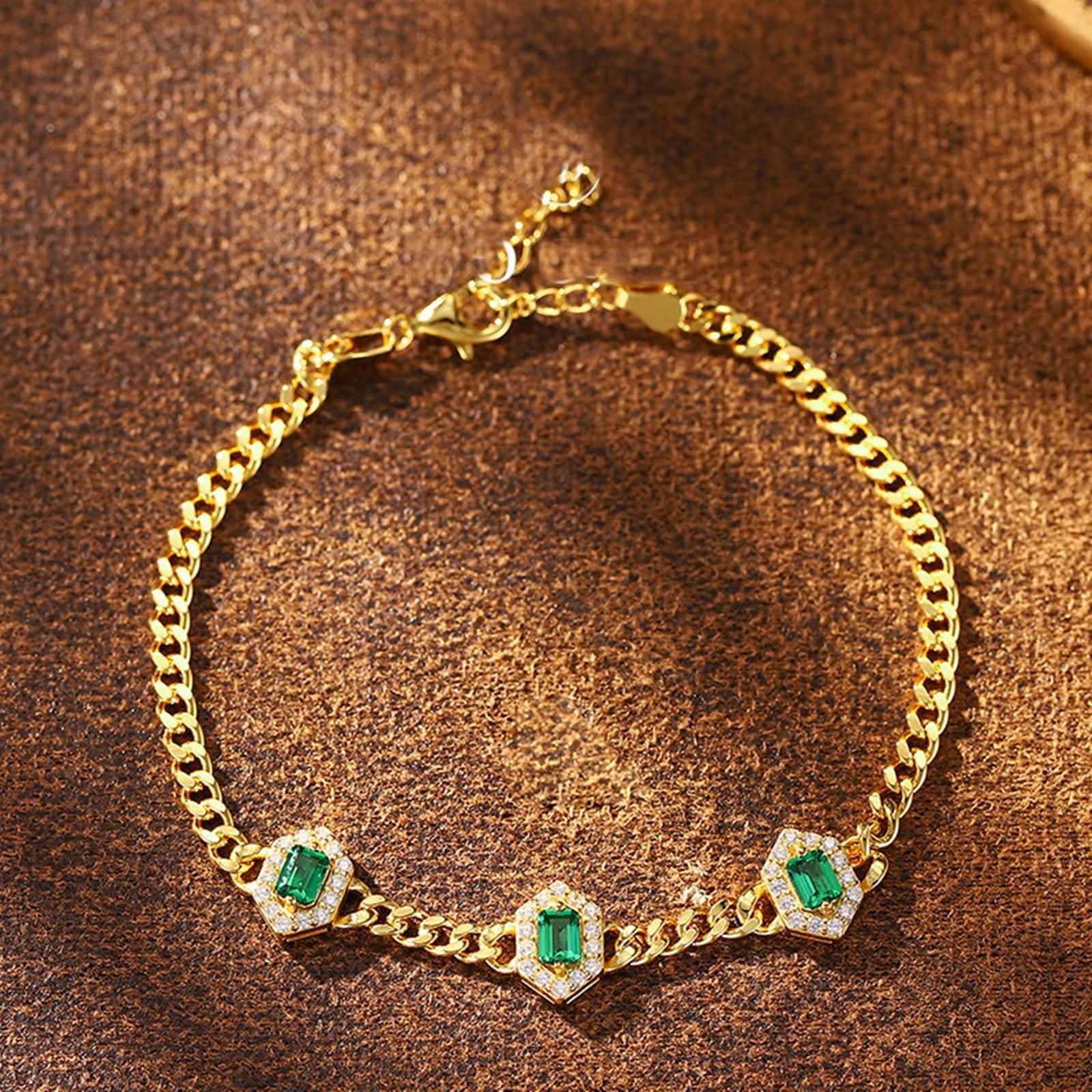 Pulseras de Oro Mujer 9 Kilates / 14 Kilates / 18 Kilates, Rectángulo con Esmeralda Creada de 0,9 ct y Moissanita, Cadena Extensible 16 CM + 5 CM, Pulsera Oro Verde Ajustable Mujer