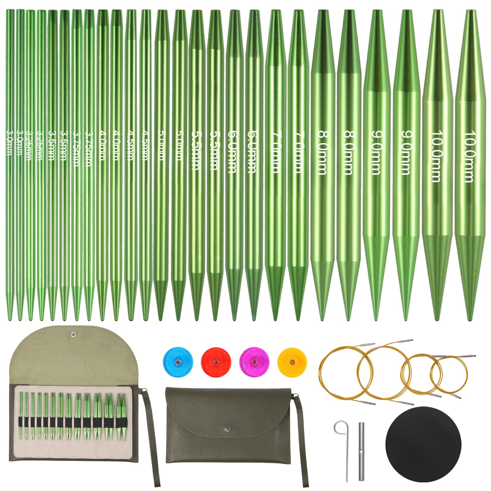 Iswawo Juego de agujas circulares intercambiables, 13 pares, 3,0-10,0 mm, agujas de tejer circulares con 4 cuerdas, bolsa para proyectos de punto, adecuado para principiantes y profesionales, aluminio