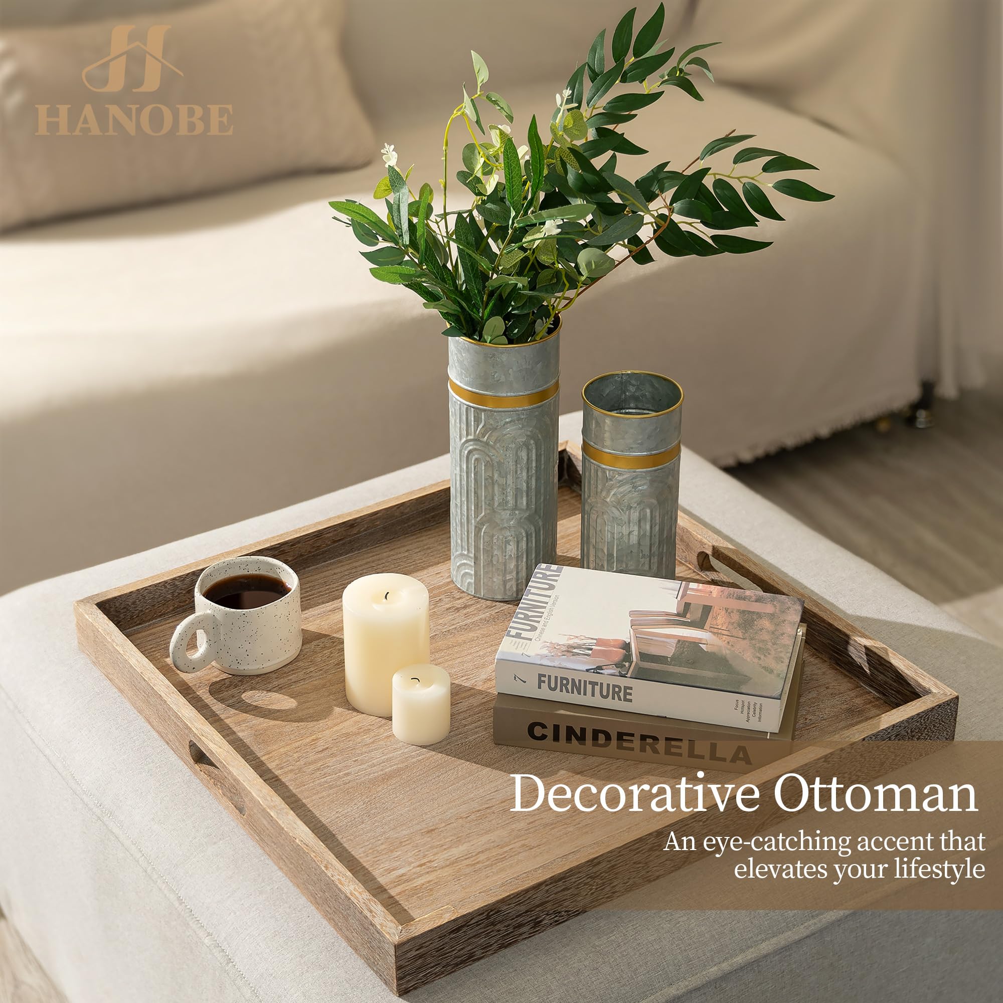 Hanobe Bandeja de servir otomana grande: bandejas decorativas de madera para sala de estar sobre reposapiés, cuadrada rústica marrón extra XXL, bandeja de madera para decoración de mesa de café, 56 cm