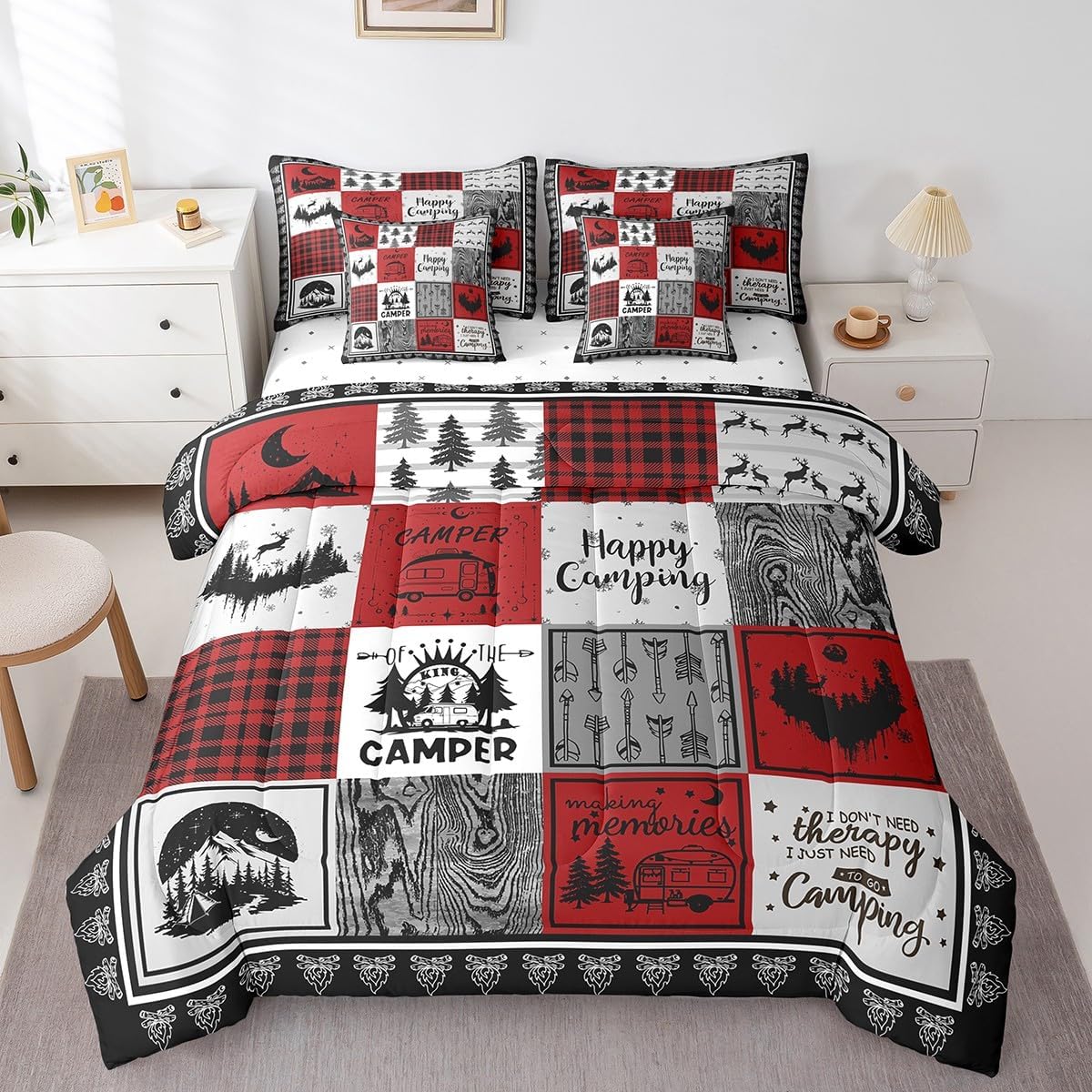 Erosebridal 7 Piece Happy Camping Bedding Set Queen for Kids Adults,Rv Camper Comforter Set for Bunk Travel Trailers,Red Black Buffalo Plaid Bed in a Bag with Sheets,Rustic Cabin Patchwork Bed Set