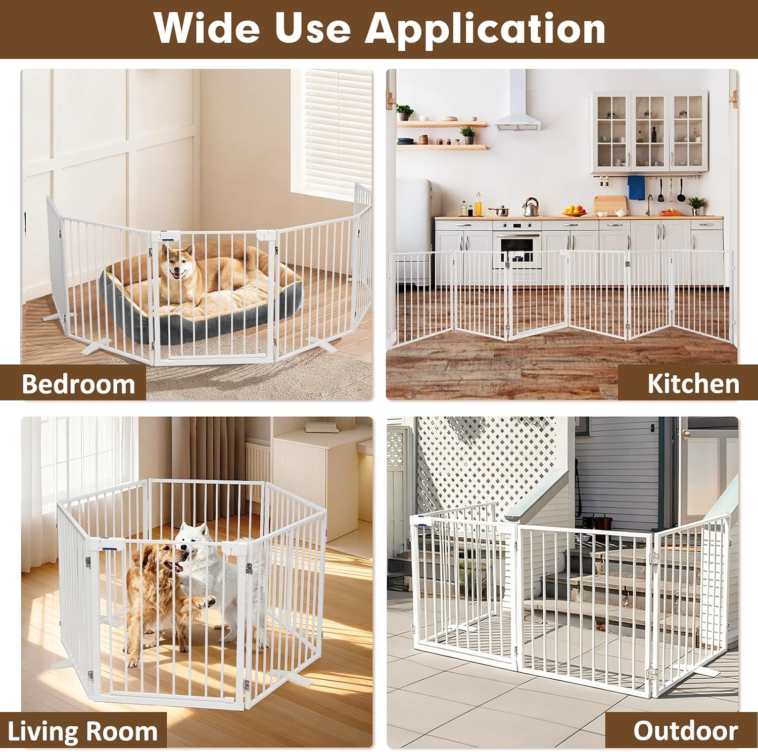 156" Extra Wide Dog Gate, Heavy Duty Metal Freestanding Dog Gate with Door for Indoor & Outdoor, Foldable Pet Fence for Doorways,House,Porch,Deck,Yard,Stairs, Auto Close(6 Panels,White)