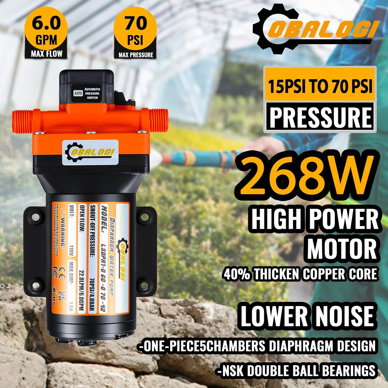 RV Fresh Water Pump 110V AC 6.0GPM 70PSI with Automatic Pressure Switch, Self Priming Diaphragm Pump for RV Marine Yacht Agricultural Irrigation, 3/4 Inch Garden Hose Adapters Included