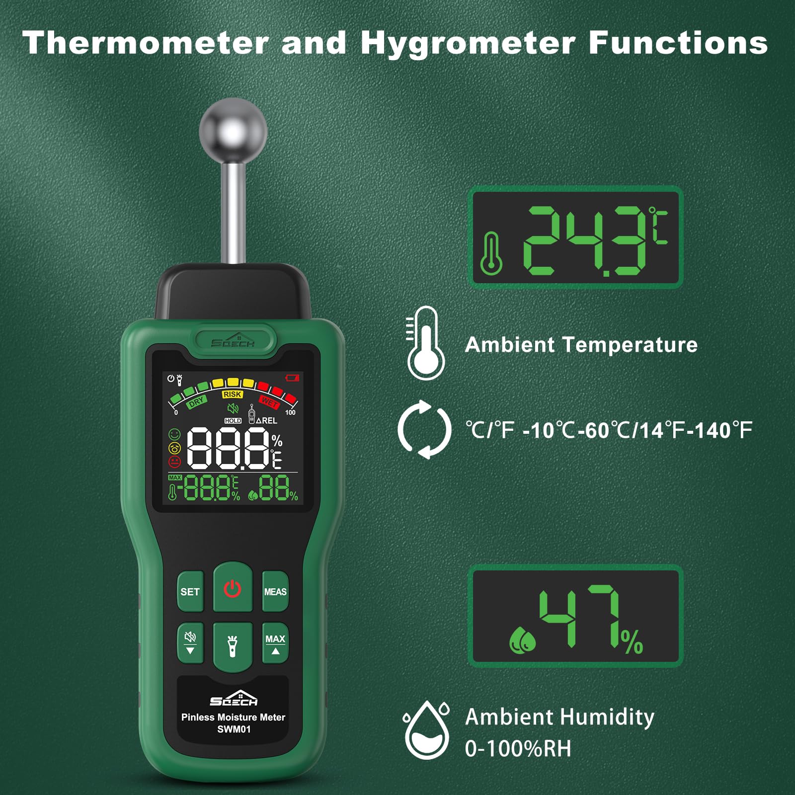 Feuchtigkeitsmessgerät, SQECH Feuchtigkeitsmesser mit Thermometer, Taschenlampe, Alarm, Multifunktionaler Feuchtemessgerät mit Farb-LCD, für Wand, Holz, Mauerwerk,Wohnwagen, Wohnung