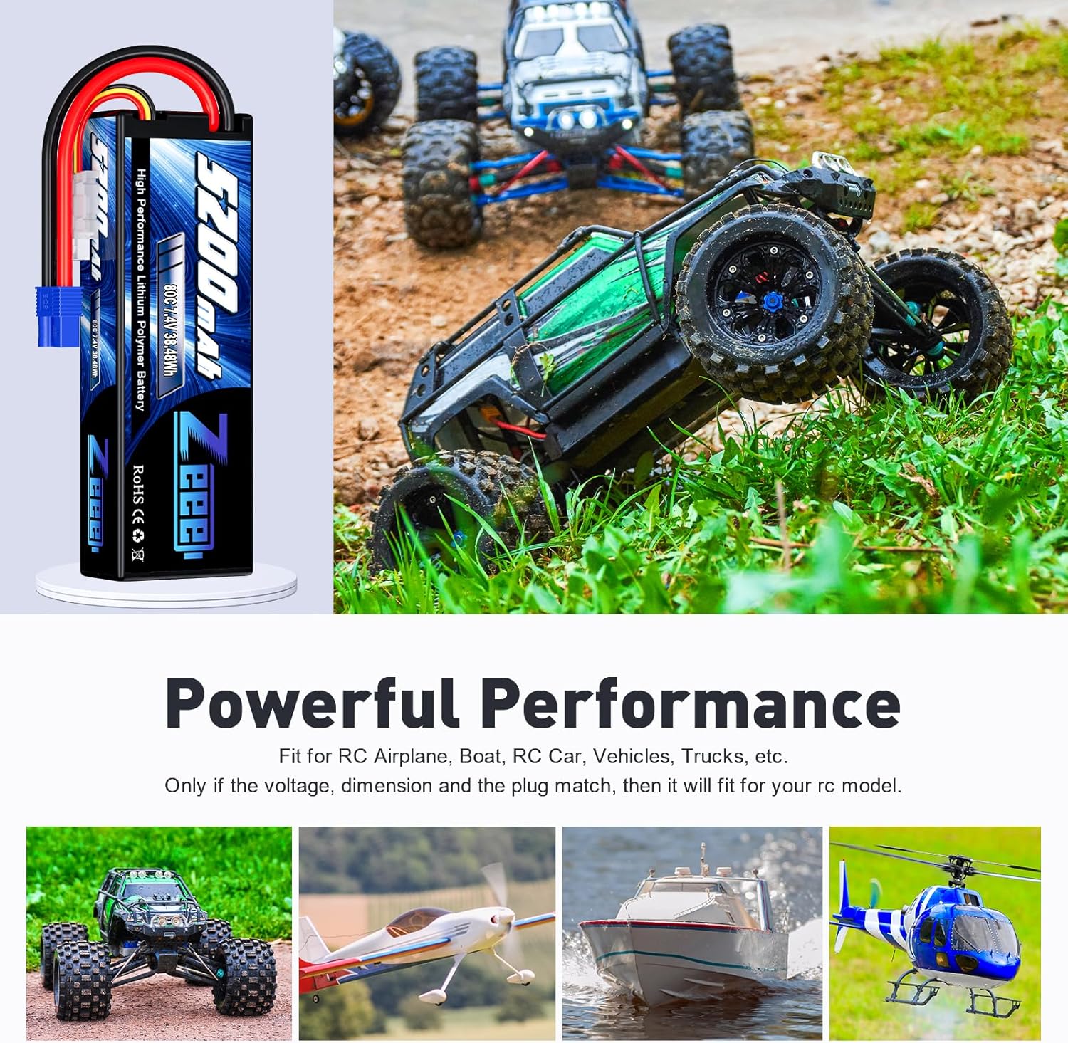 Zeee 7.4V 2S Lipo Battery 5200mAh 80C Hard Case Battery with EC3 Plug for 1/8 1/10 RC Vehicles Car RC Buggy Truggy RC Airplane Drone(2 Pack)
