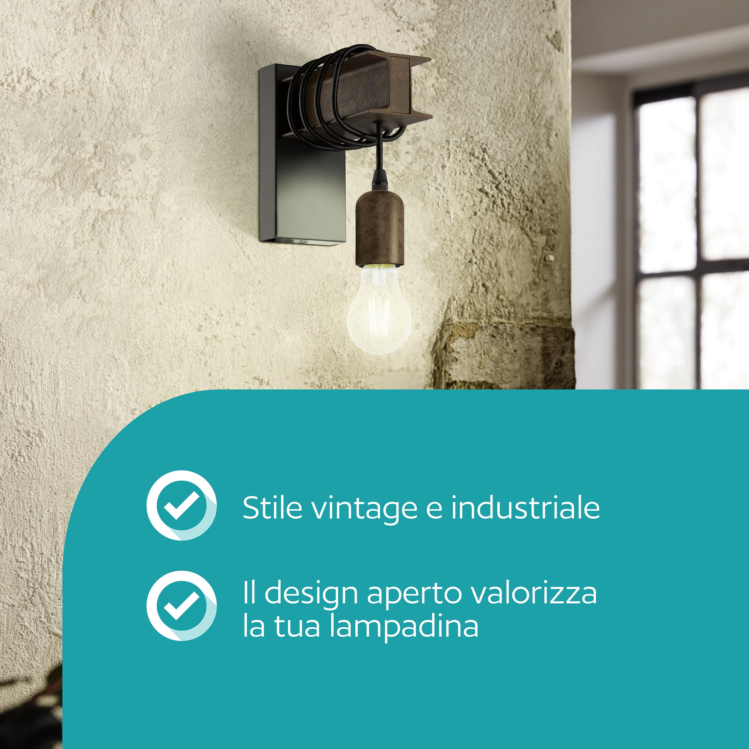 Eglo Lampada da parete Townshend 4, plafoniera vintage a uno punto luce, lampada da parete dal design industriale, lampada retrò in acciaio, nero, marrone, E27