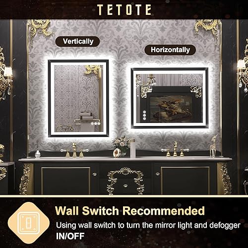 Miniatura 8 de TETOTE Espejo LED de 72 x 36 pulgadas para baño, marco de metal negro frontal y retroiluminado, espejo de tocador barroco, gótico, antivaho sin