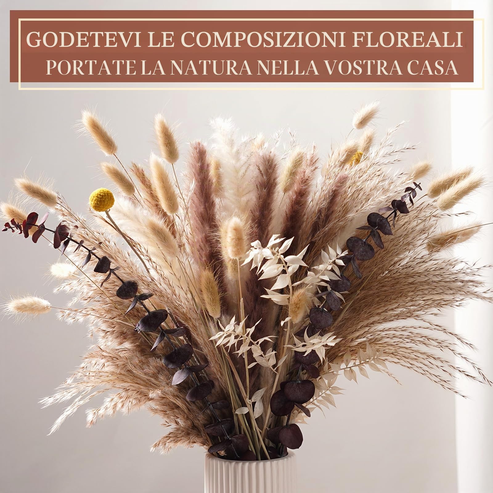 89 PCS Bouquet di Pampas Grass Essiccato, Decorazione Boho per Matrimoni, Tavoli e Casa | Erba della Pampa Bianca e Marrone | Bunny Tails, Fiori Secchi per Eventi Rustici e Arredamento Estiv