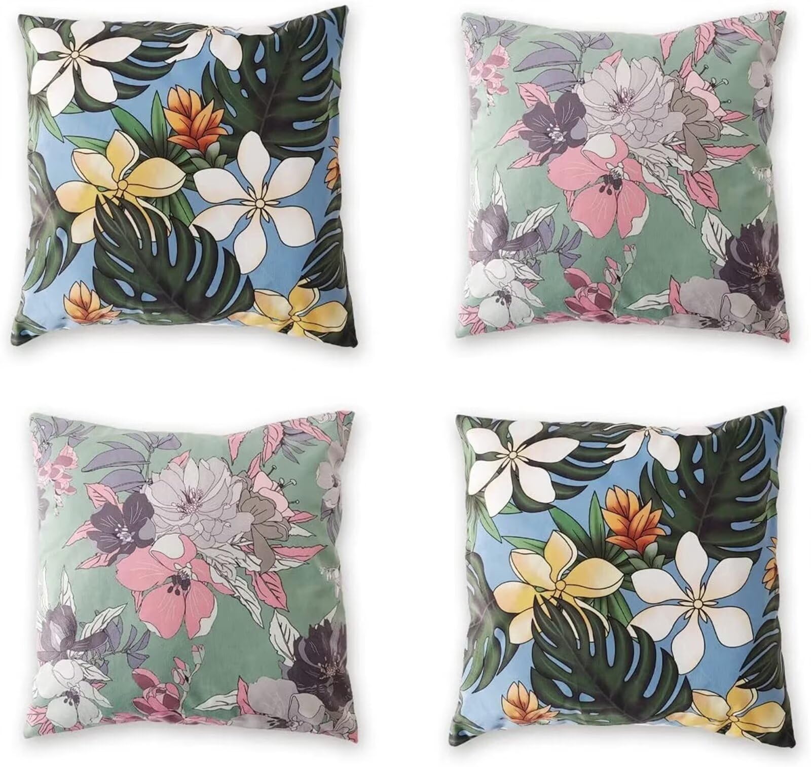 Heaen Outdoor Cushions Covers Waterproof 55x55 cm Set of 4 Square Linen Pillow Cases Pink Flowers Leaves Decorative Dushions for Sofa Porch Patio Home Decor