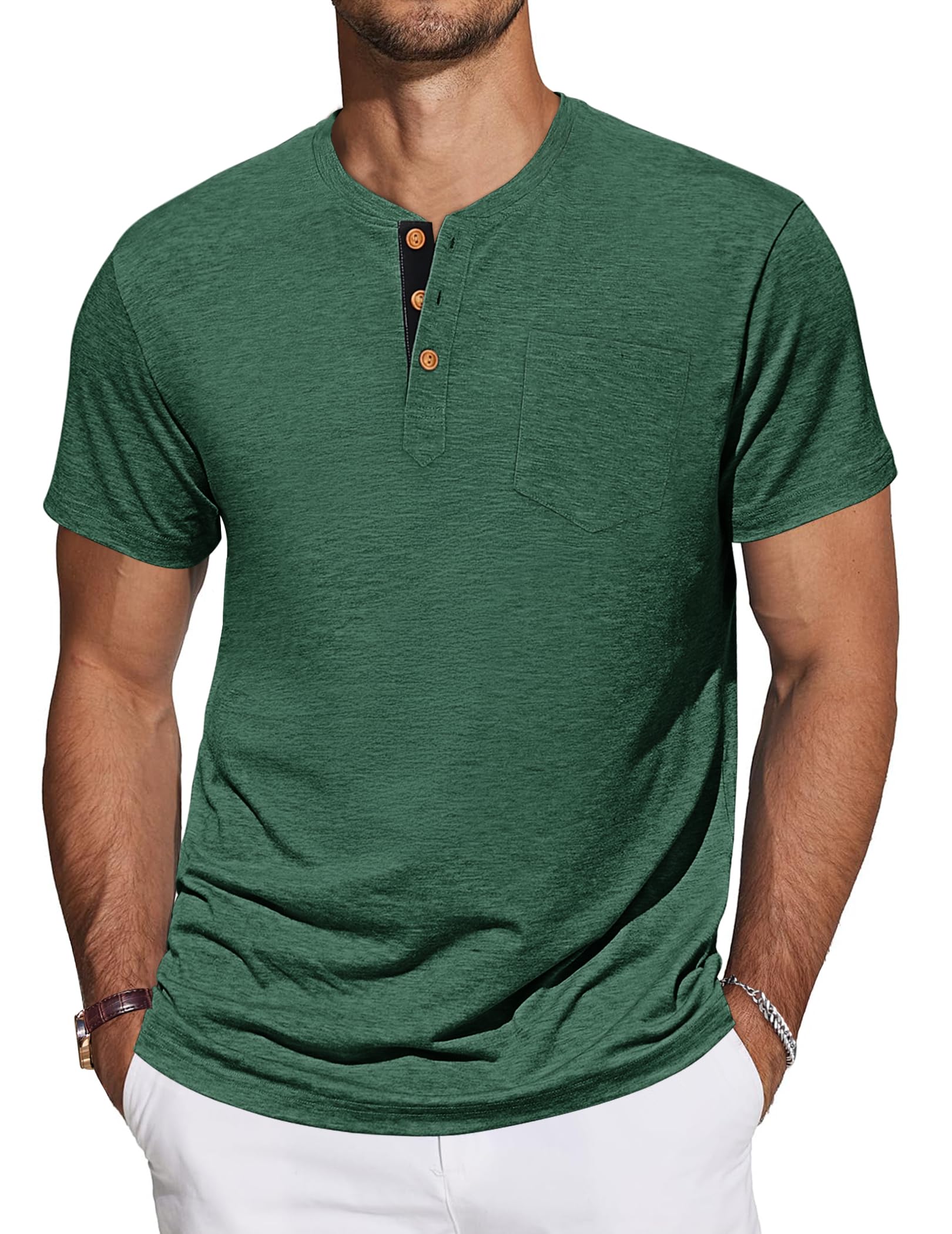 TARAINYA Henley T-Shirt Uomo Cotone Maglietta Maniche Corte Tinta Unita con Tasche Estate M-4XL