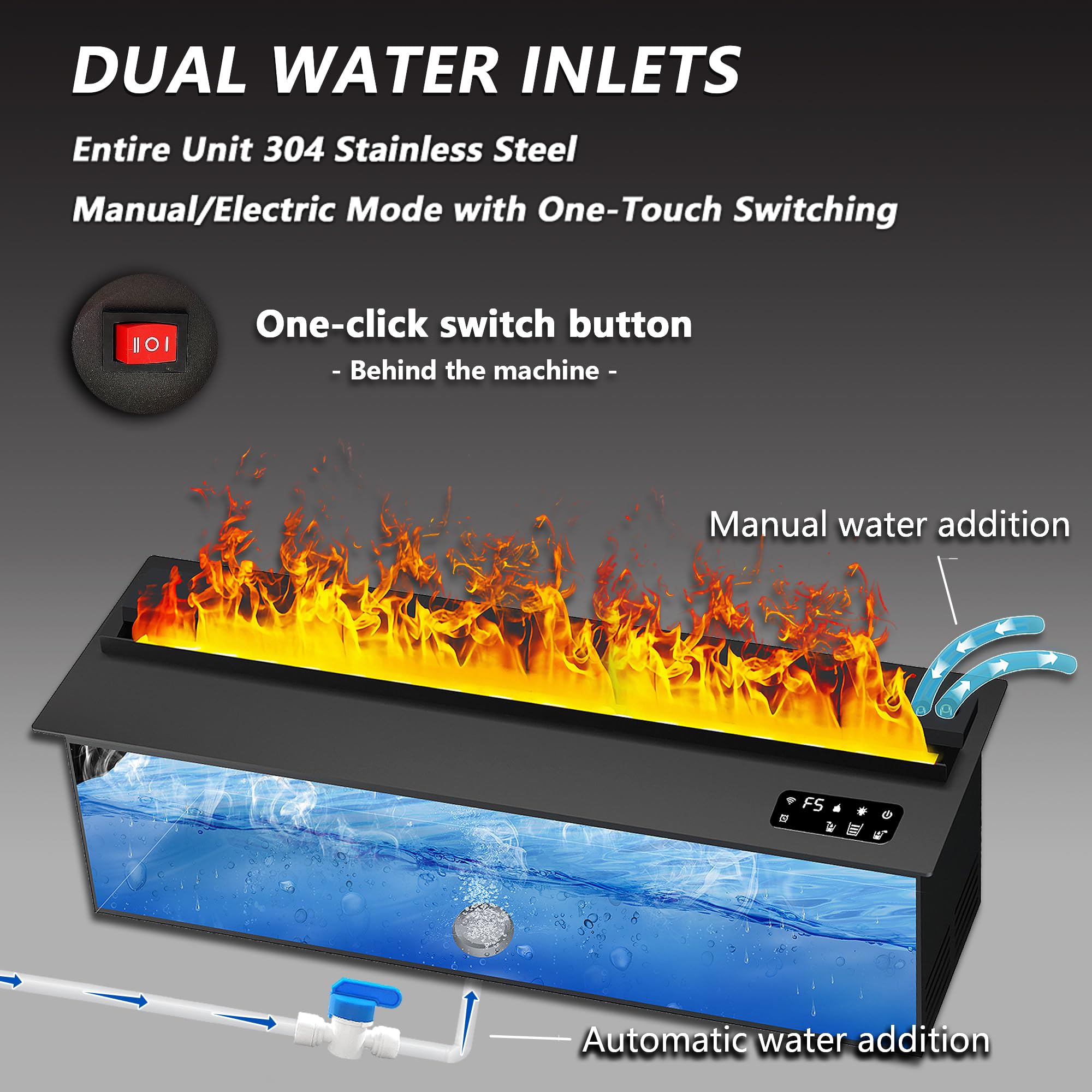 Elektrischer Kamin, 3D-Wasserdampf-Kamin, versenkt, realistische zerstäubte Flamme, mit Wasser und Fernbedienung, elektrischer Dampfkaminofen (Größe: L 81,5 x B 7,87 x H 8,68 cm)