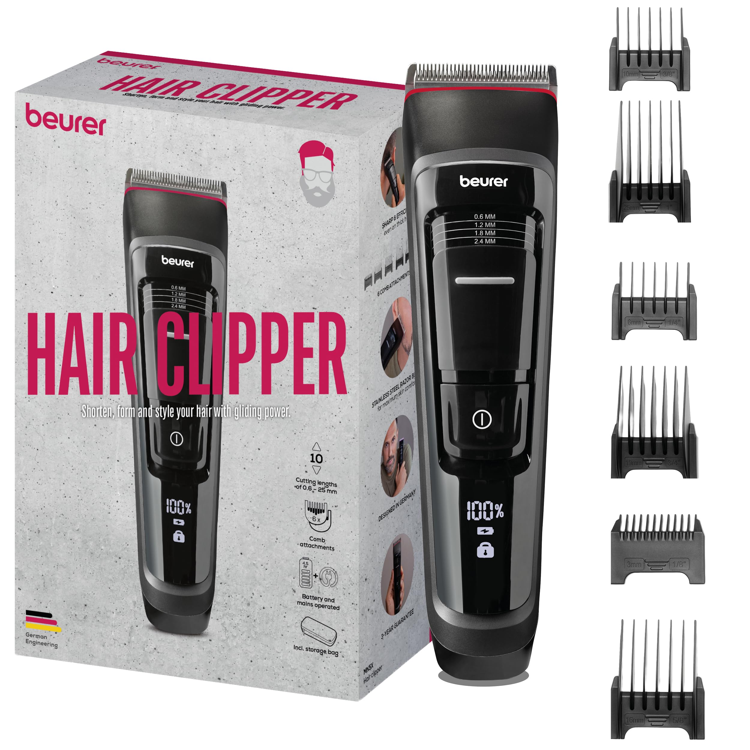 Beurer MN5X Cortapelos, corte profesional y rápido, 6 cuchillas de acero inoxidable para peinado individual, ajuste fino 4 niveles, cortapelos para hombres con batería