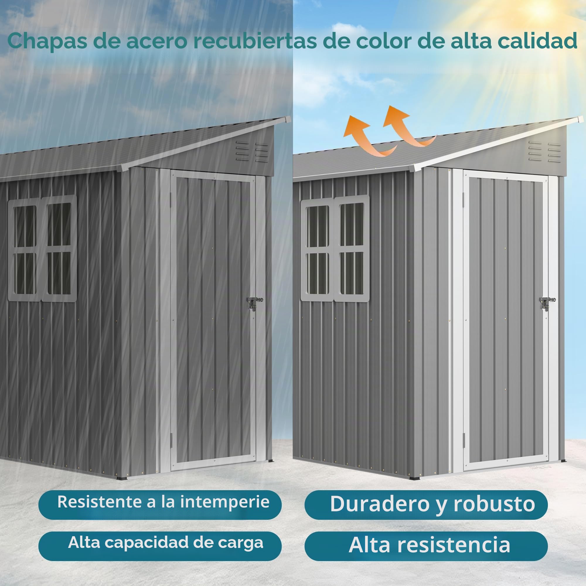 Cobertizo de herramientas de metal de 4x10 pies con diseño de tejado a dos aguas/tejado inclinado con doble puerta que se abre hacia la izquierda/derecha y 2 ventanas. Cobertizo de herramientas