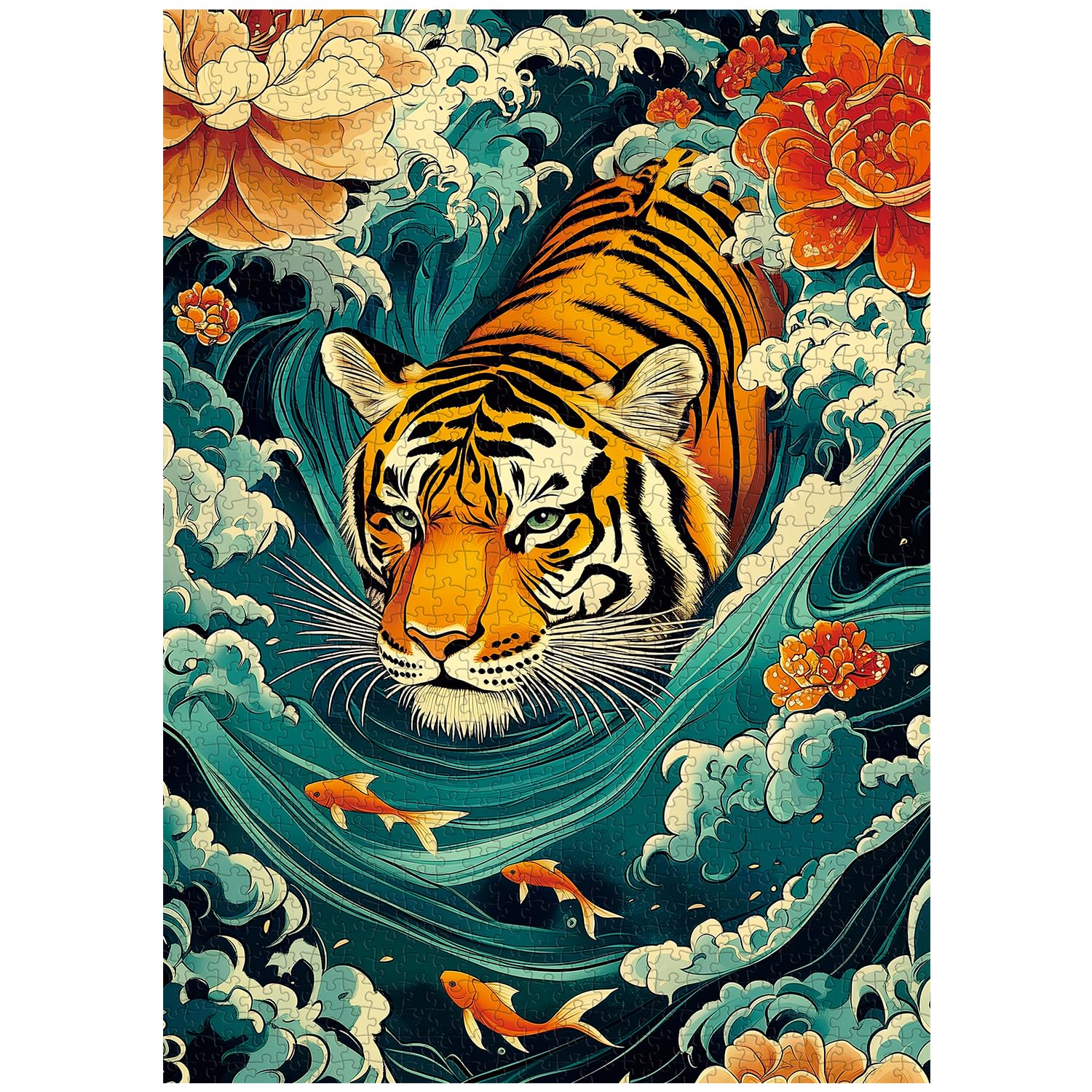 Mighty Tiger Puzzles for Adults 1000 Pieces, Nature Animal Art Puzzle Featuring Tiger in Waves, Koi Fish and Blooming Flowers, Wildlife Challenging Puzzles for Adults as Home Wall Decor