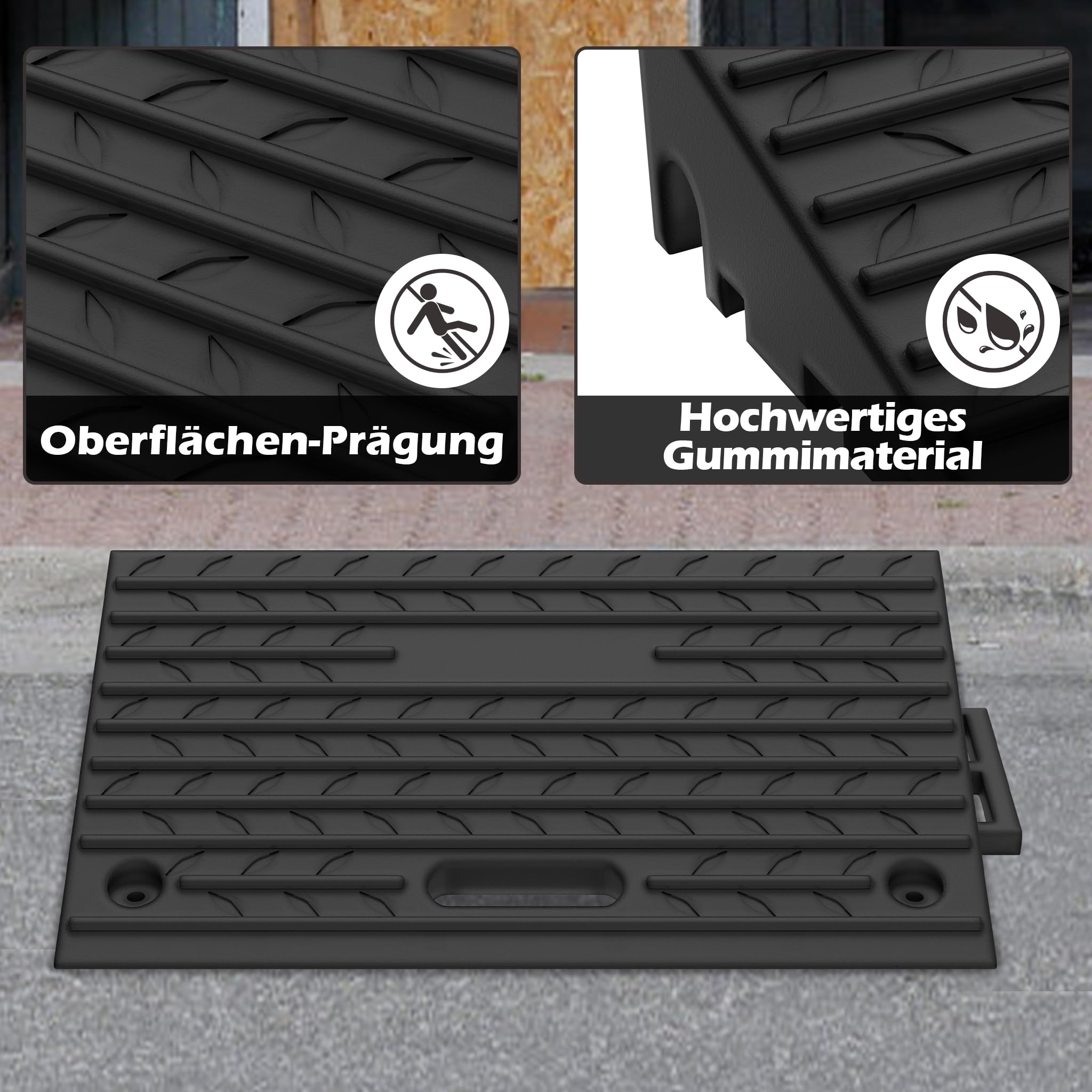 UISEBRT 2er Set Gummi Bordsteinrampen für Randsteine, Einfahrten, Garagen, Robuste Türschwellenrampe, Auffahrrampe mit Handheld-Funktion, Anti-Rutsch und Witterungsbeständig, Schwarz(53x32x10 cm)