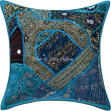 Bohemian Decorative Sofa Settee Accent Throw Pillow Cover 40x40 cm Cotton Living Room Turquoise Neck Design Embroidered Patchwork Beaded Square Indian 16x16 Inch Cushion Cover - 1 Pc