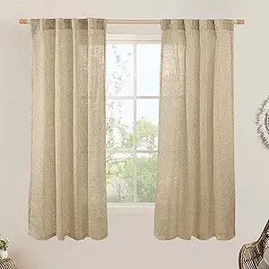 LAMIT 63 Inch Sheer Linen Window Curtains, Light Filtering Panels Back Tab and Rod Pocket Neutral Drapes for Bedroom/Living Room, Brown, 2 Panels, 34 x 63 Inch