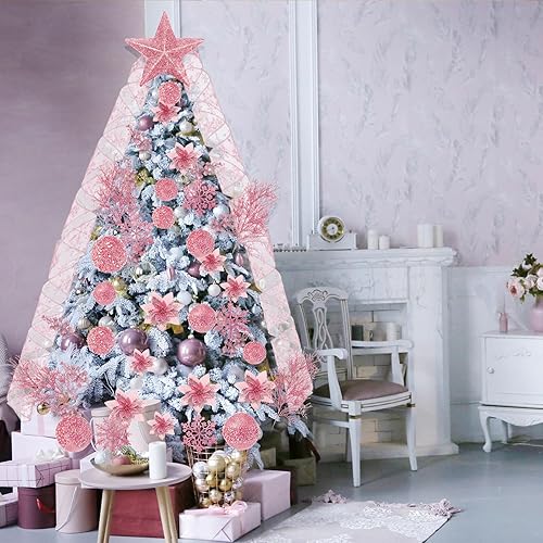 Vista 7 de Juego de 68 piezas de adornos para árbol de Navidad con purpurina inastillable, adornos de bola de árbol de Navidad, flores de nochebuena, cinta