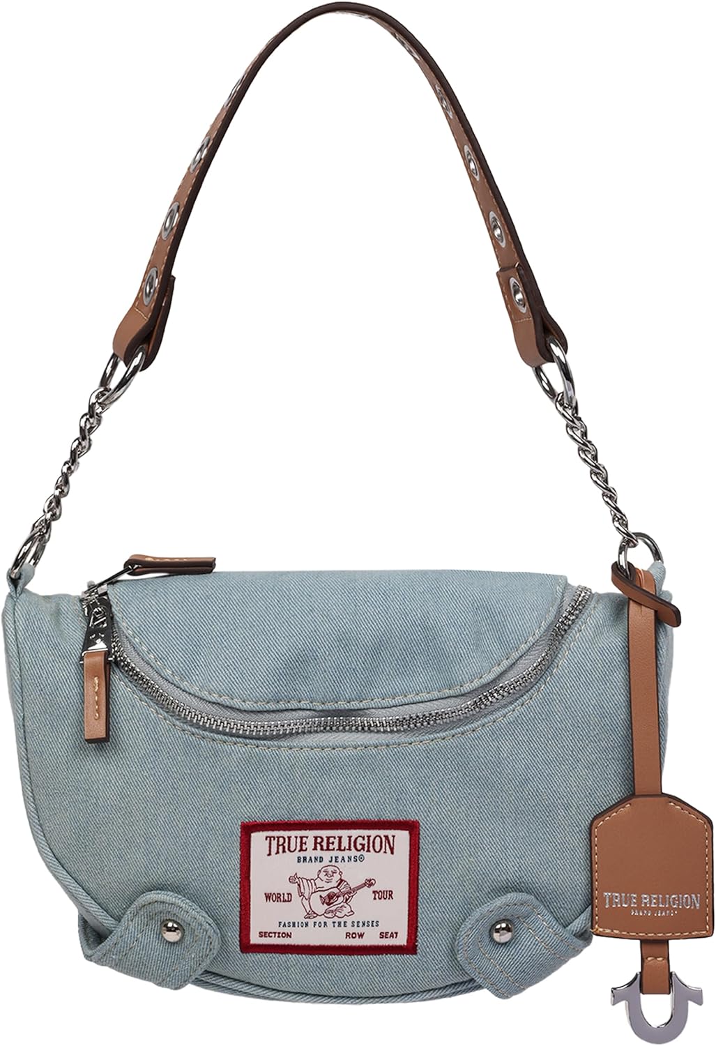 True Religion Hobo Shoulder Bag Purse, Denim Travel Handbag with Chain Strap, Light Blue
