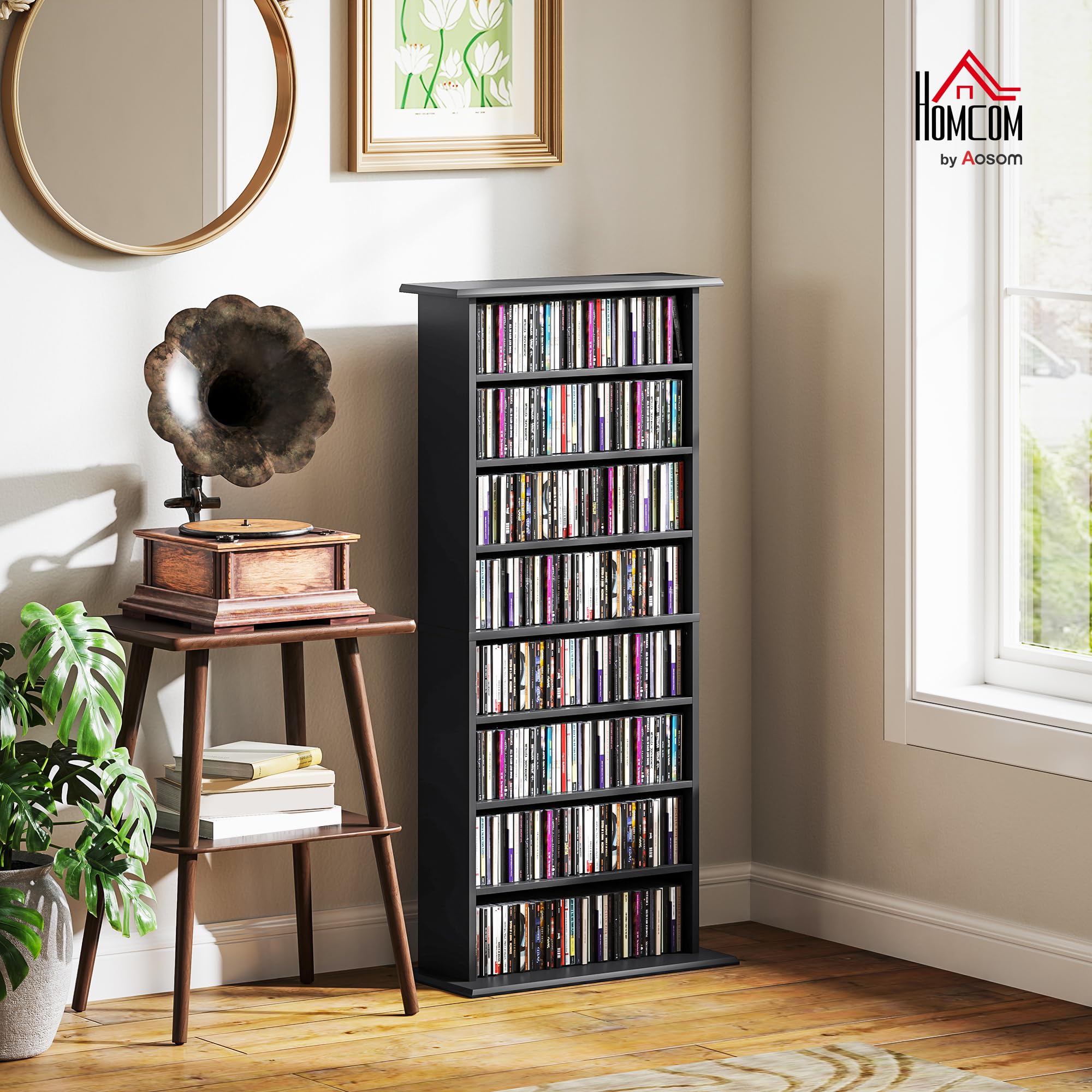 HOMCOM Mobile Porta CD con 6 Ripiani Regolabili, Scaffale Porta 360 CD/185 DVD Salvaspazio in Legno, Mobile Portacd con 8 Scomparti, per Soggiorno Camera da Letto Ufficio, 58x24x126.3 cm, Nero