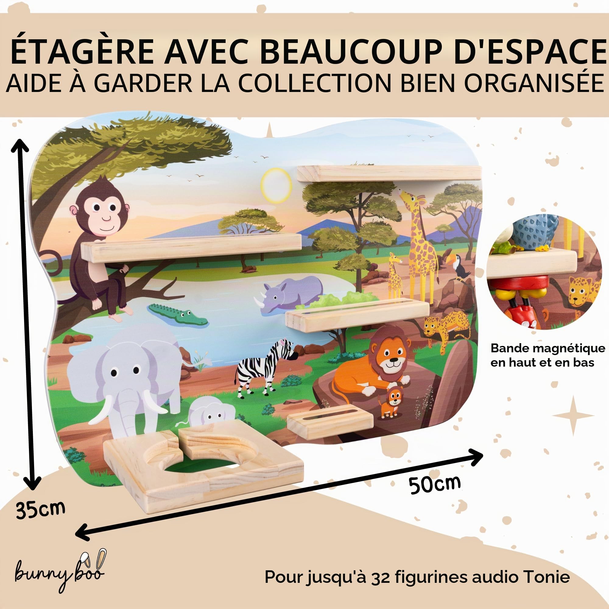 bunnyboo Toniebox Étagère pour Toniebox et figurines, suffisamment d'espace pour jusqu'à 32 figurines auditives Tonie Safari, qualité certifiée, pour garçons et filles