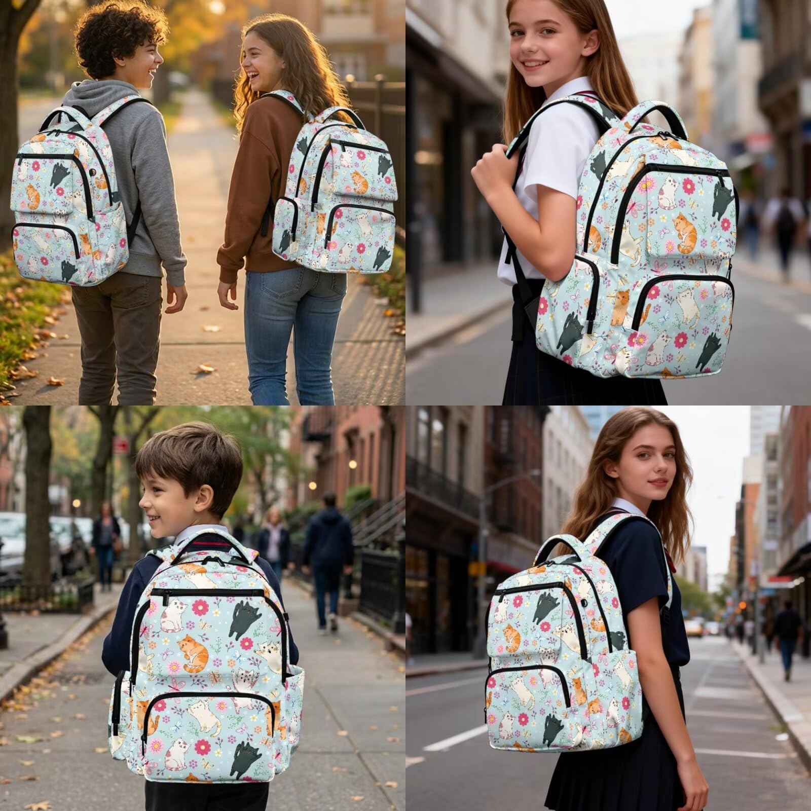 Kinder Rucksack Set 4-in-1 für Grundschule Mittelschule Schultasche mit Lunchbox Federmäppchen Wasserflasche Tasche für Mädchen Jungen, Hellblaue Katze mit Blumenmuster, Rucksack Backpacks