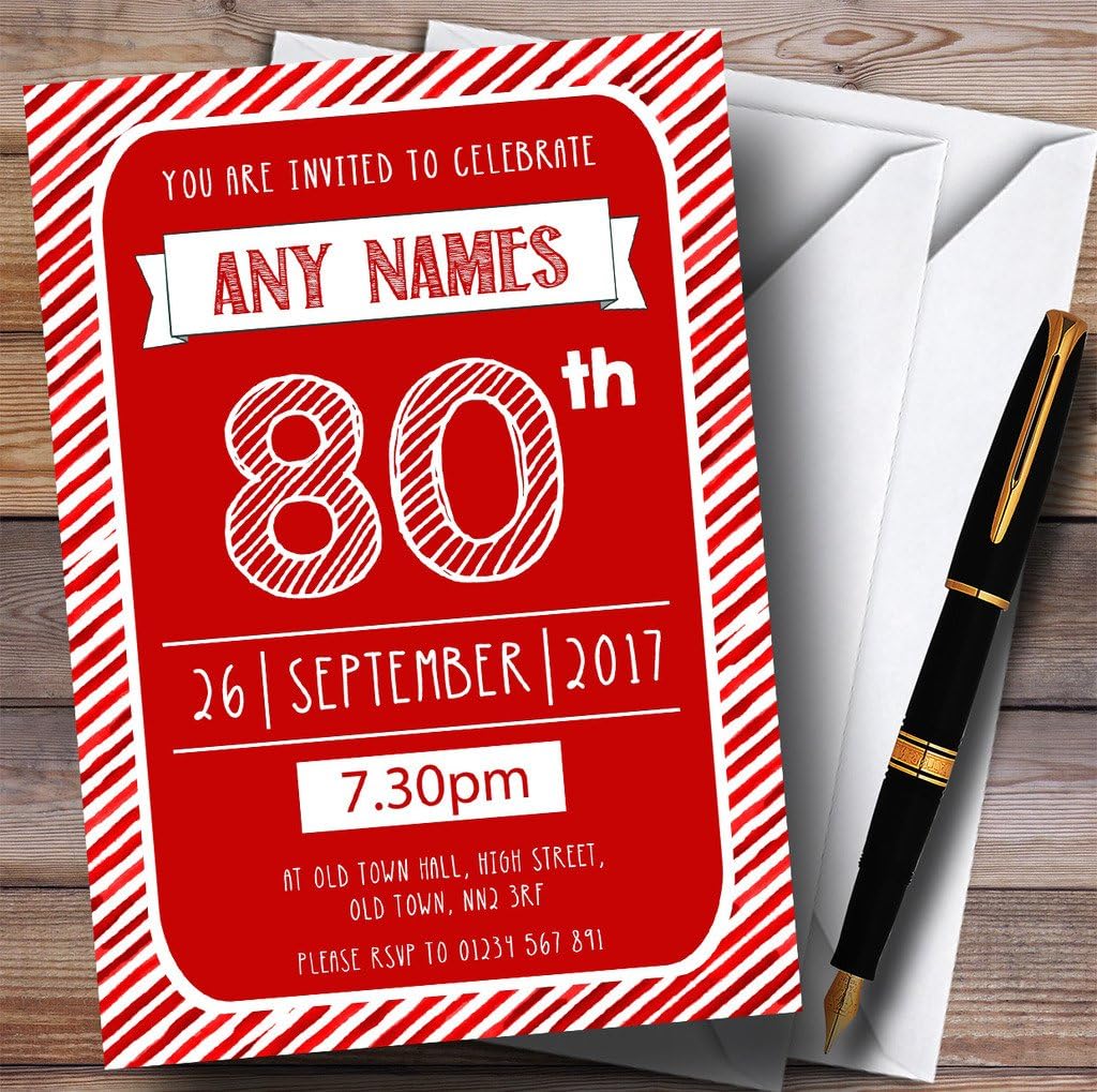 Red & White Stripy Deco 80th Personalized Birthday Party Invitations