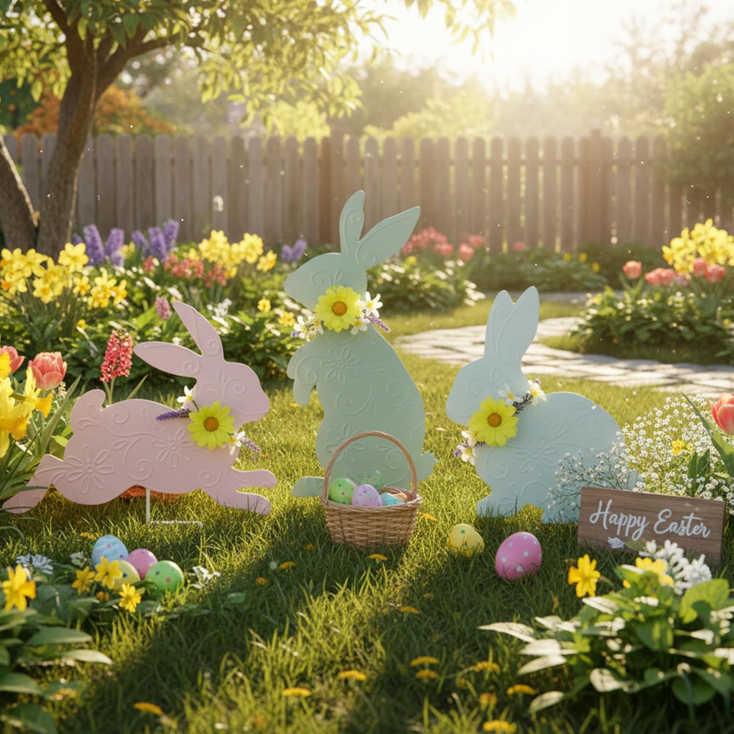 3PCS Spring Rabbit Metal Yard Decorations Stakes, Grandmas Garden Easter Holiday Yard Decoration Outdoor Stakes, Memorial Personalized Unique Garden Gifts Women for Grandma Statue