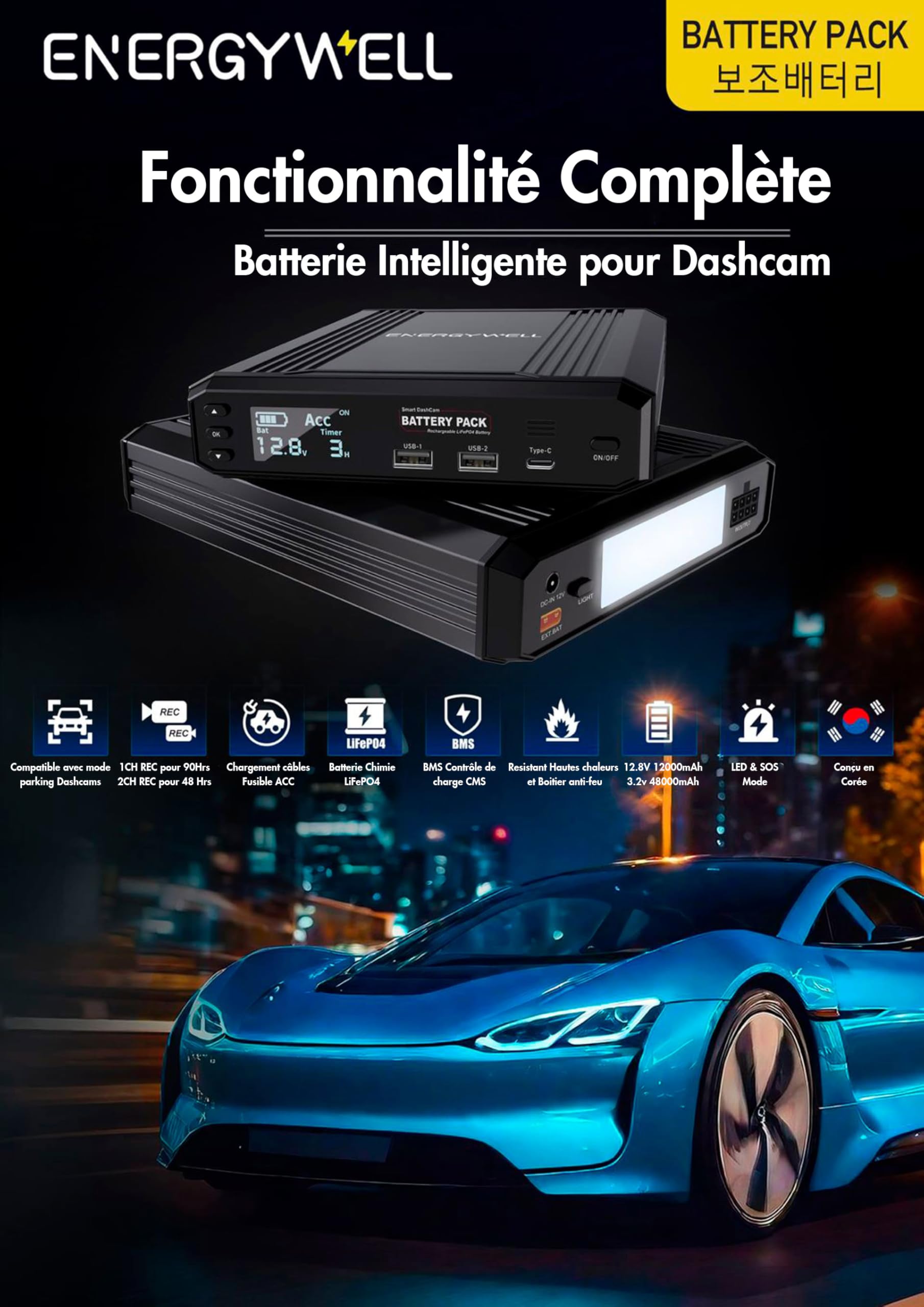 Batterie Externe EnergyWell pour Dashcam | P8 (12 000 mAh) | USB x 2 + USB C | LCD Screen…