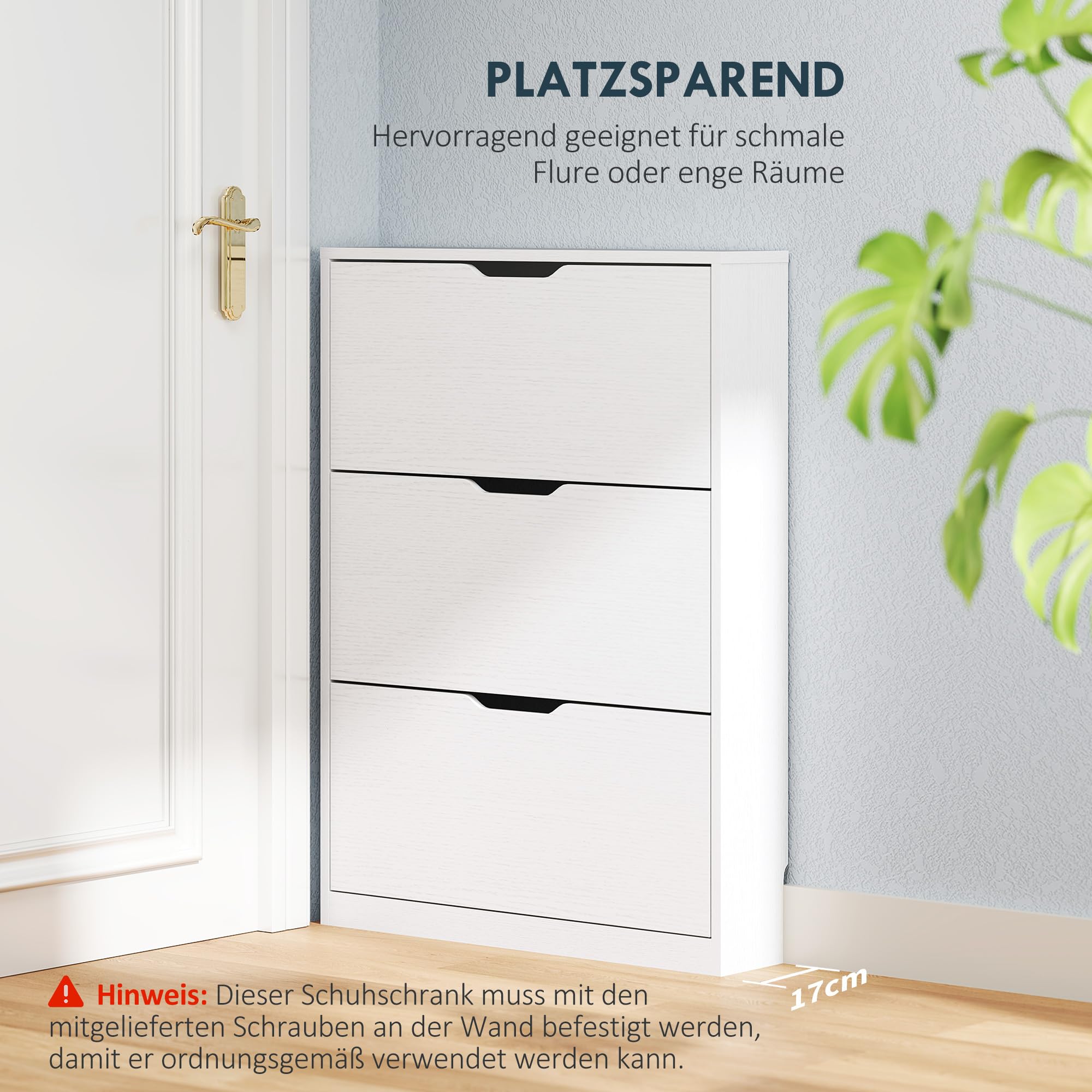 HOMCOM Schuhschrank mit 3 Klappen Schmal für 9-12 Paare 80x17x108 cm Weiß | Schuhregal, Schuhkipper, Schuhkommode
