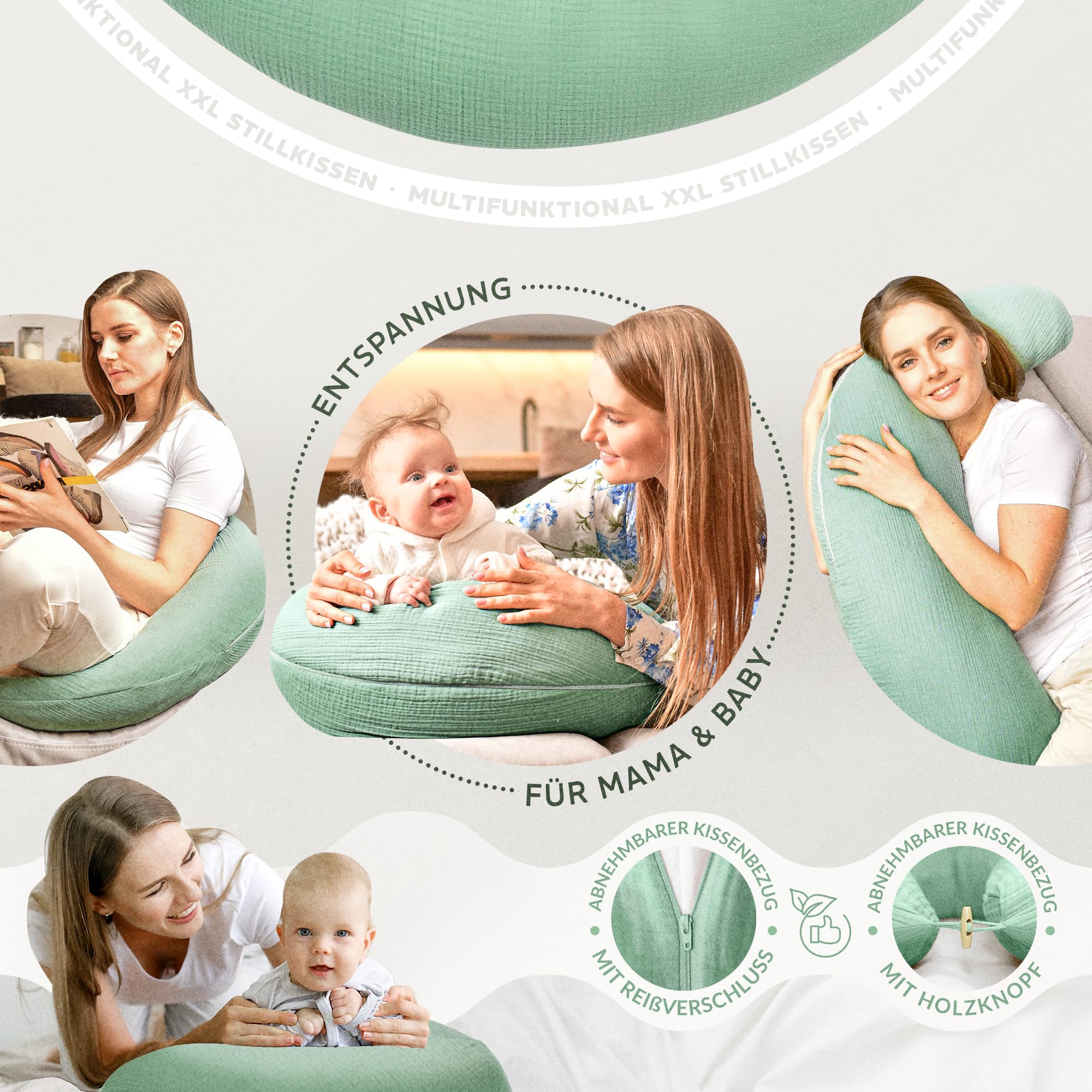 sei Design Stillkissen XXL Set Mikroperlen-Füllung Musselin-Bezug + noch 1 X Stillkissenbezug aus Bio Baumwolle, ergonomisches Schwangerschaftskissen Seitenschläferkissen Babynestchen