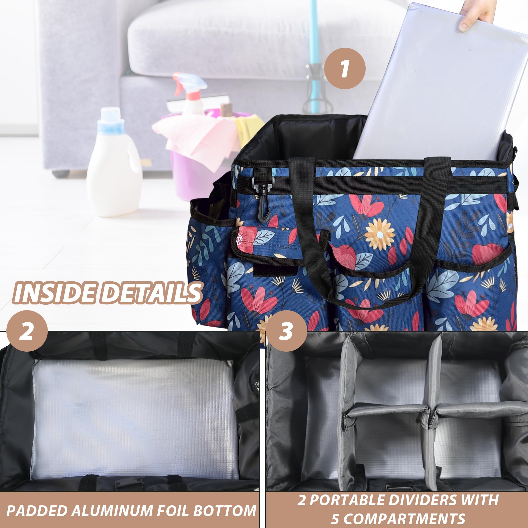 Borsa portaoggetti per la pulizia, organizer per la pulizia con manico, grande borsa per la pulizia di casa, auto e bagno, borsa per le pulizie con spallacci regolabili (blu)