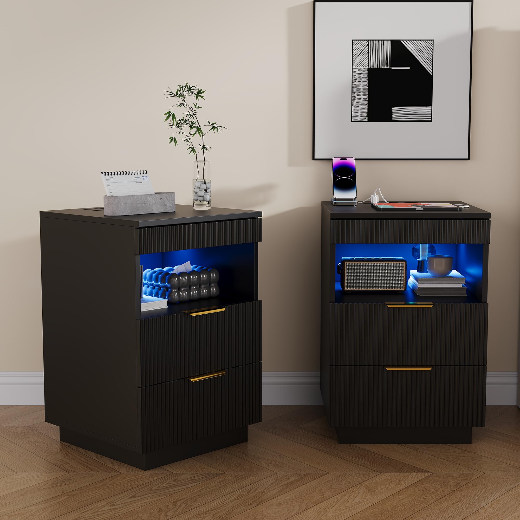 Mesitas de noche LED, mesitas de noche con 2 cajones y USB, mesa auxiliar con almacenamiento y compartimento abierto, mesa baja moderna para dormitorio, sala de estar, 40 x 40 x 60 cm, color